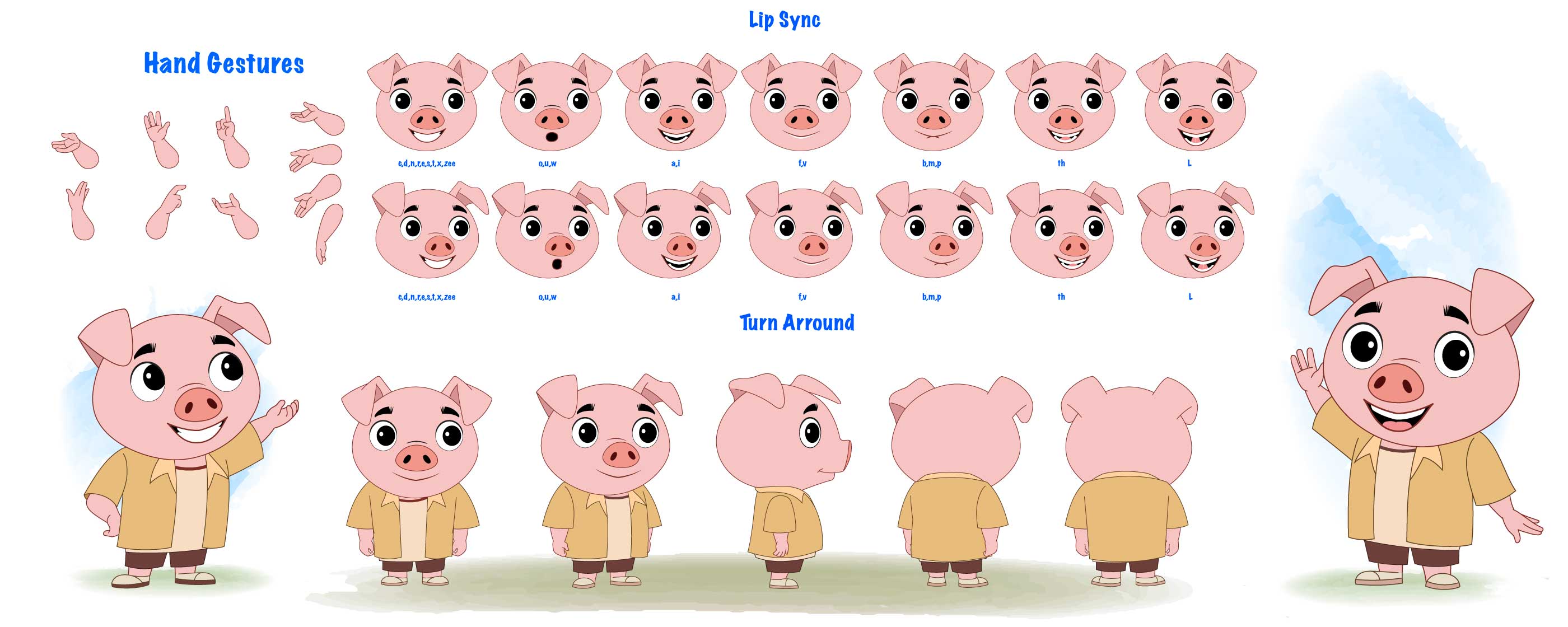 A cute pig cartoon character construction/model sheet,pig hand gesture aka puffy the pig