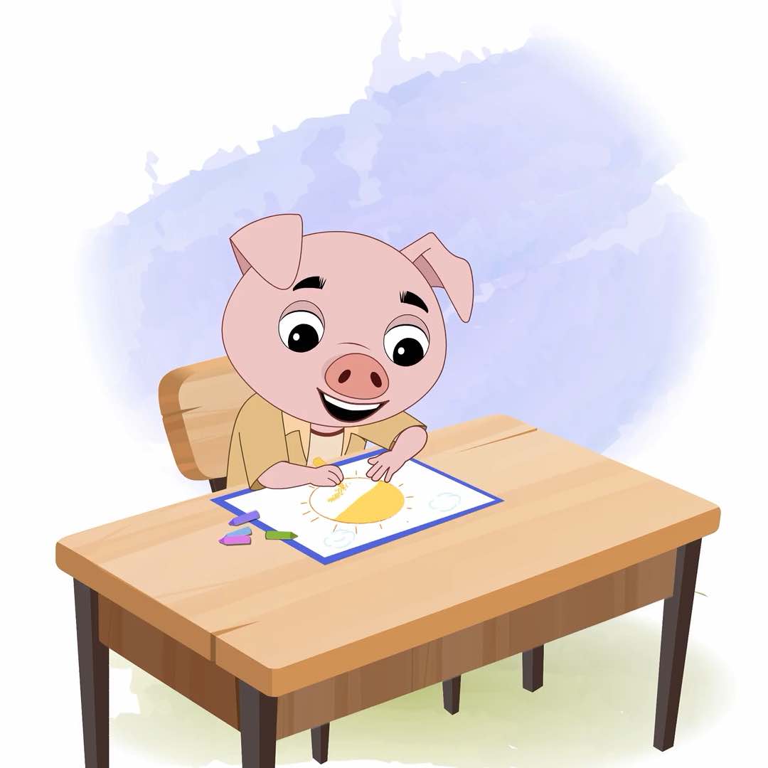 A cute pig is sitting at a table with some crayons and colouring on the paper aka puffy the pig