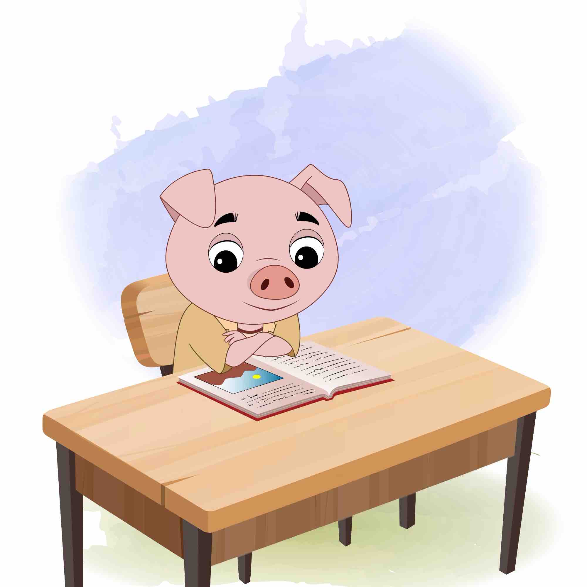 A cute pig reading a book and sitting on the table animated cartoon character aka puffy the pig