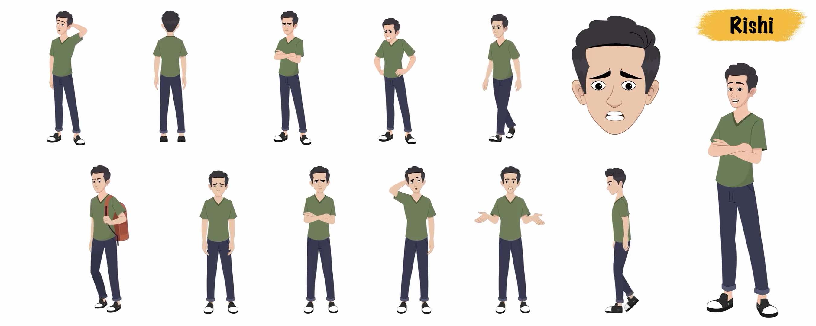 Teenage boy animated vector cartoon character model sheet AKA Rishi