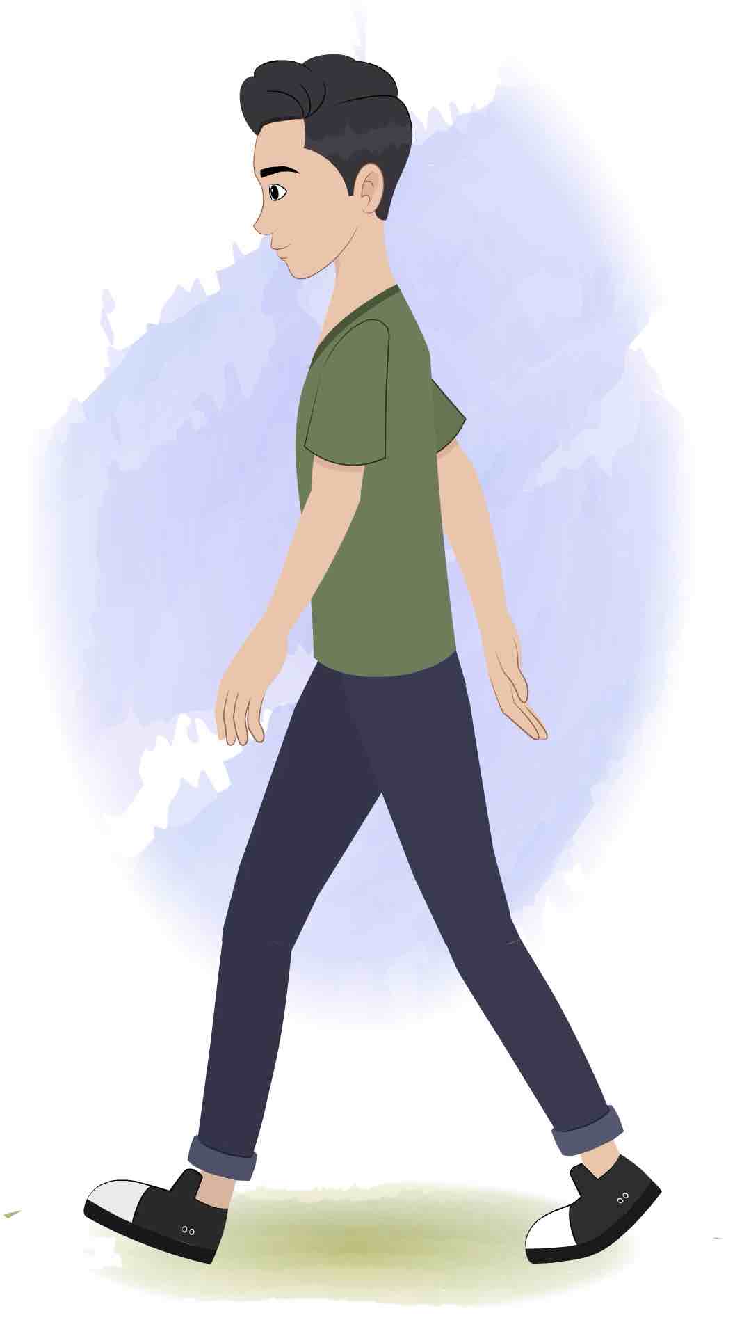 A teenage boy walking side view animated cartoon character aka rishi