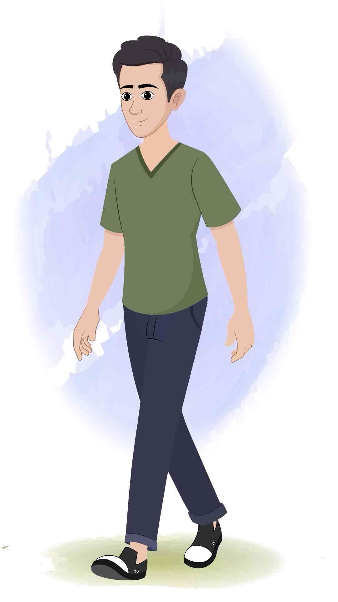 A teenage boy 3/4 front view/three quarter view walking animated cartoon character aka rishi