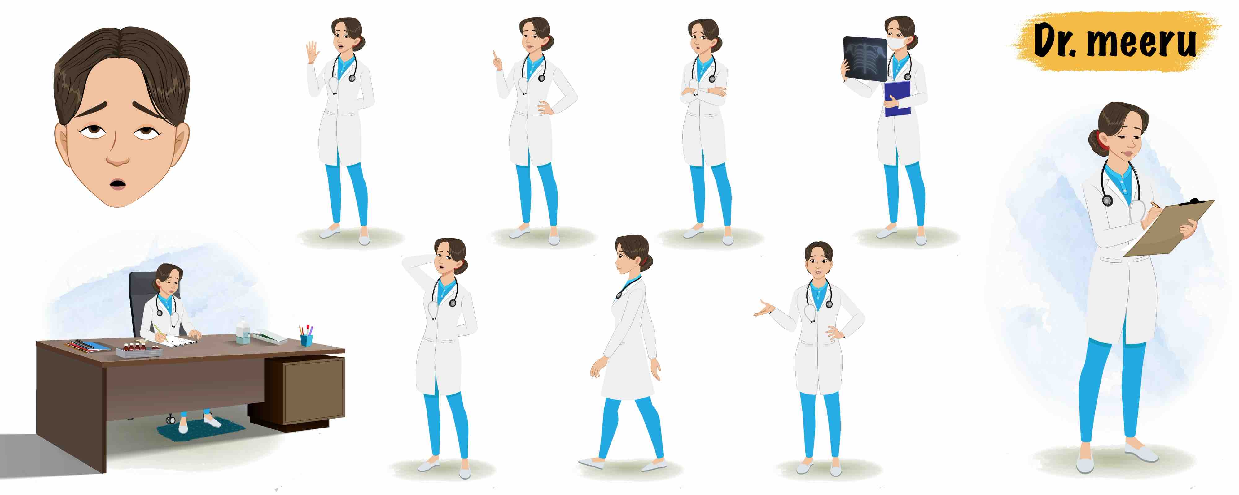 Female doctor radiologist animated vector cartoon character model sheet AKA Dr. Meeru