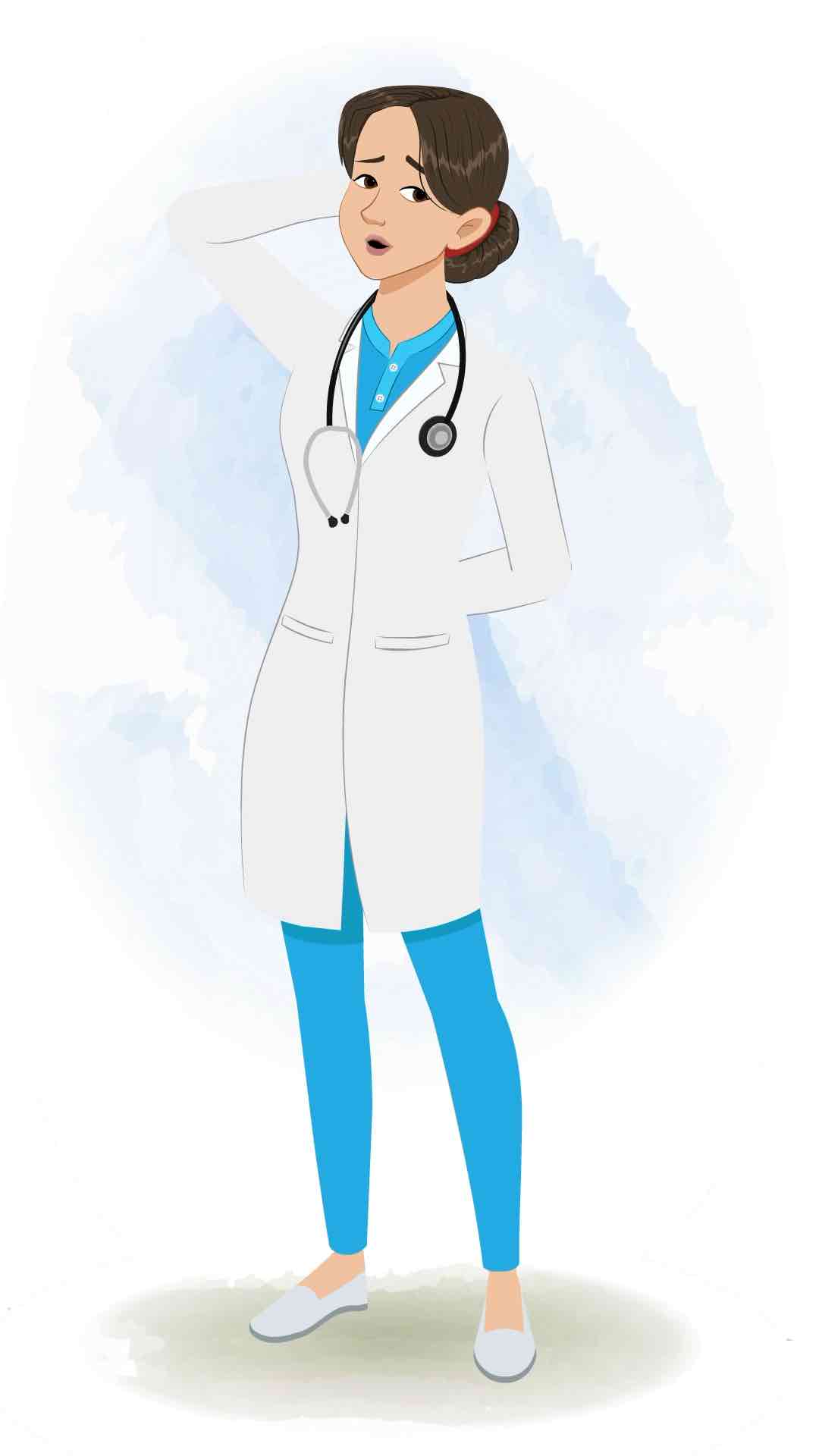 A confused female radiologist animated cartoon character aka dr. meeru