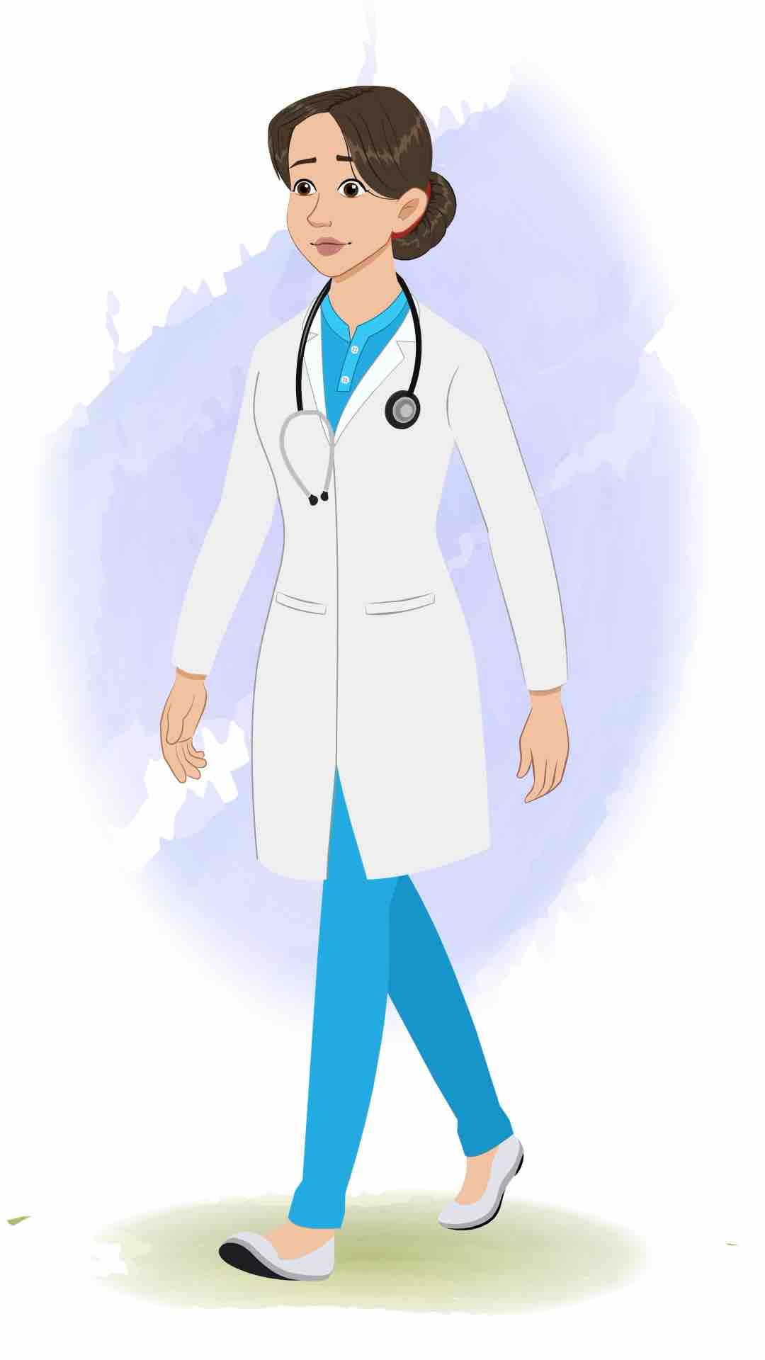 A female radiologist 3/4 front view/three quarter view walking animated cartoon character aka dr. meeru