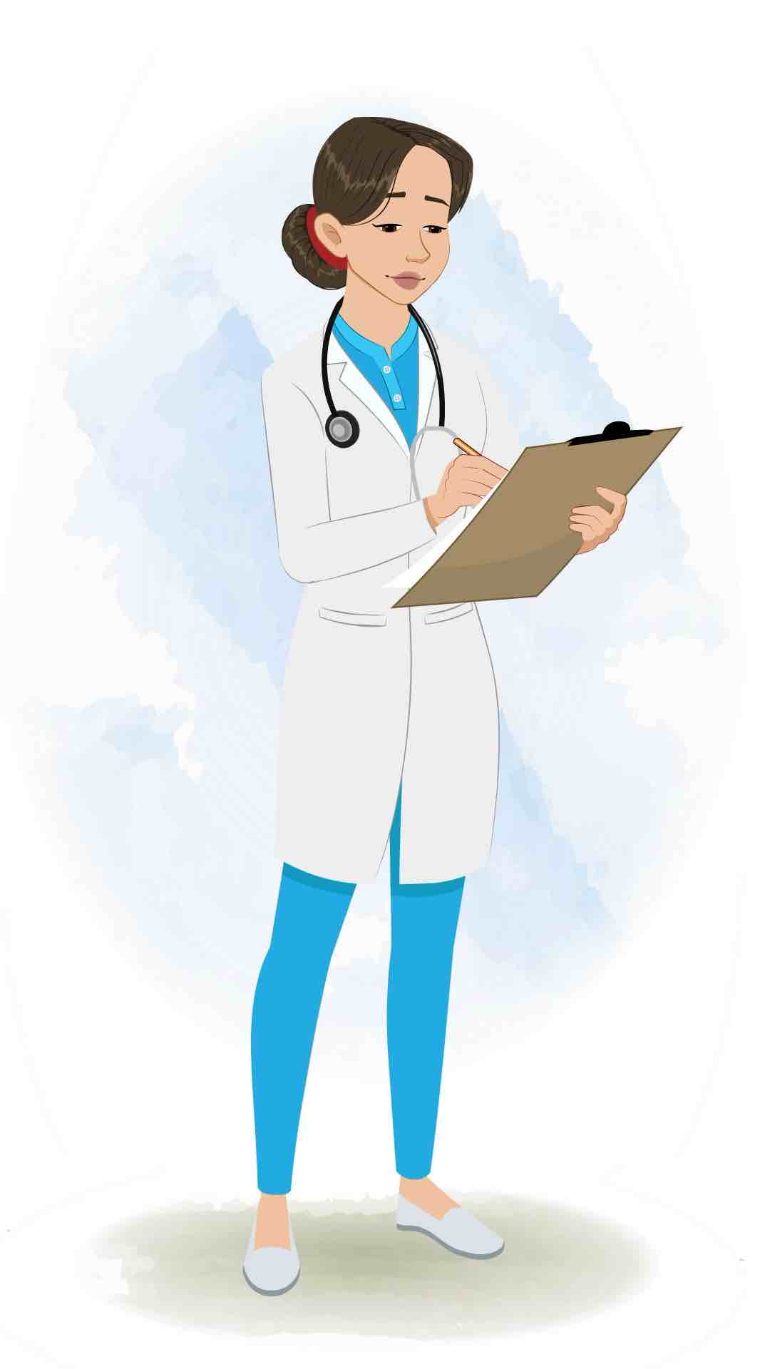 A female radiologist writing report animated cartoon character aka dr. meeru