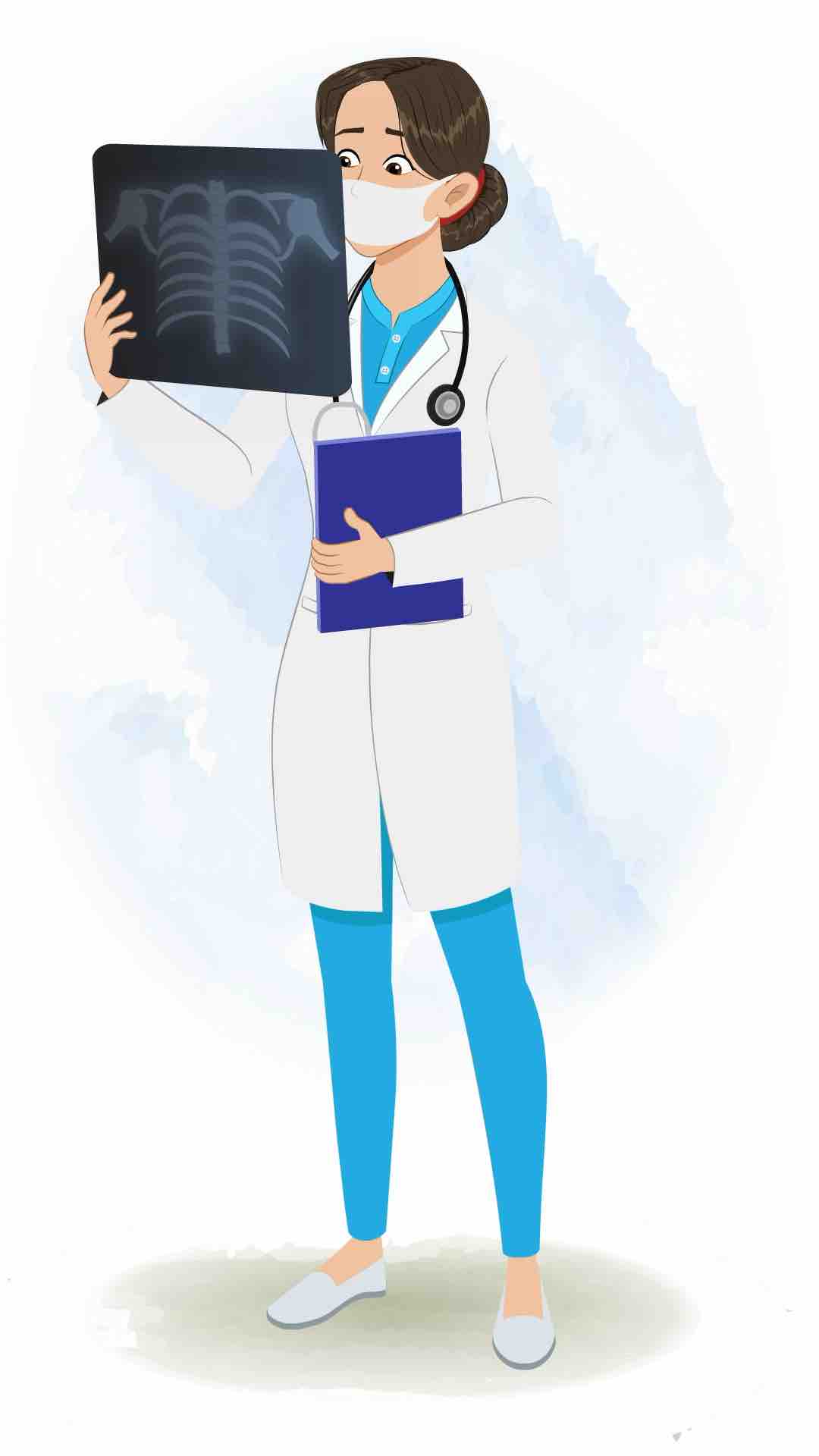 A female radiologist checking x-ray animated cartoon character aka dr. meeru