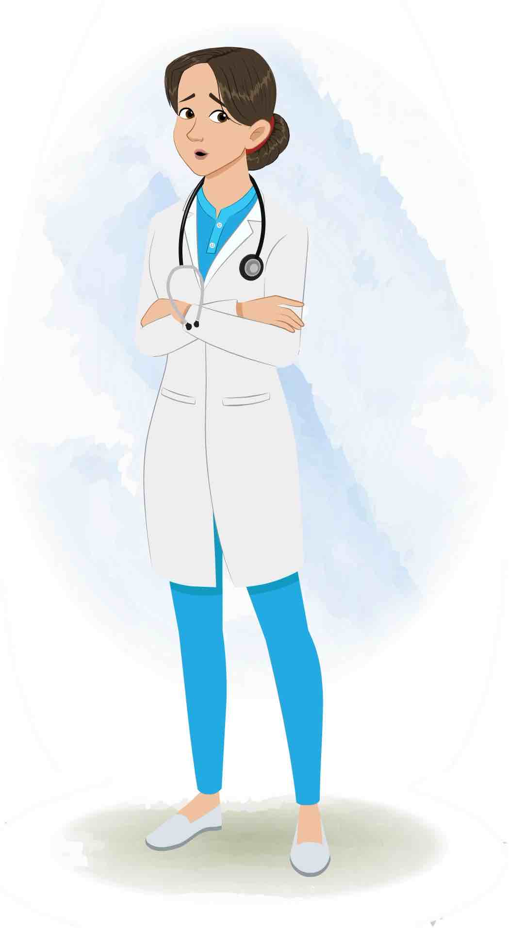 An annoyed female radiologist animated cartoon character aka dr. meeru