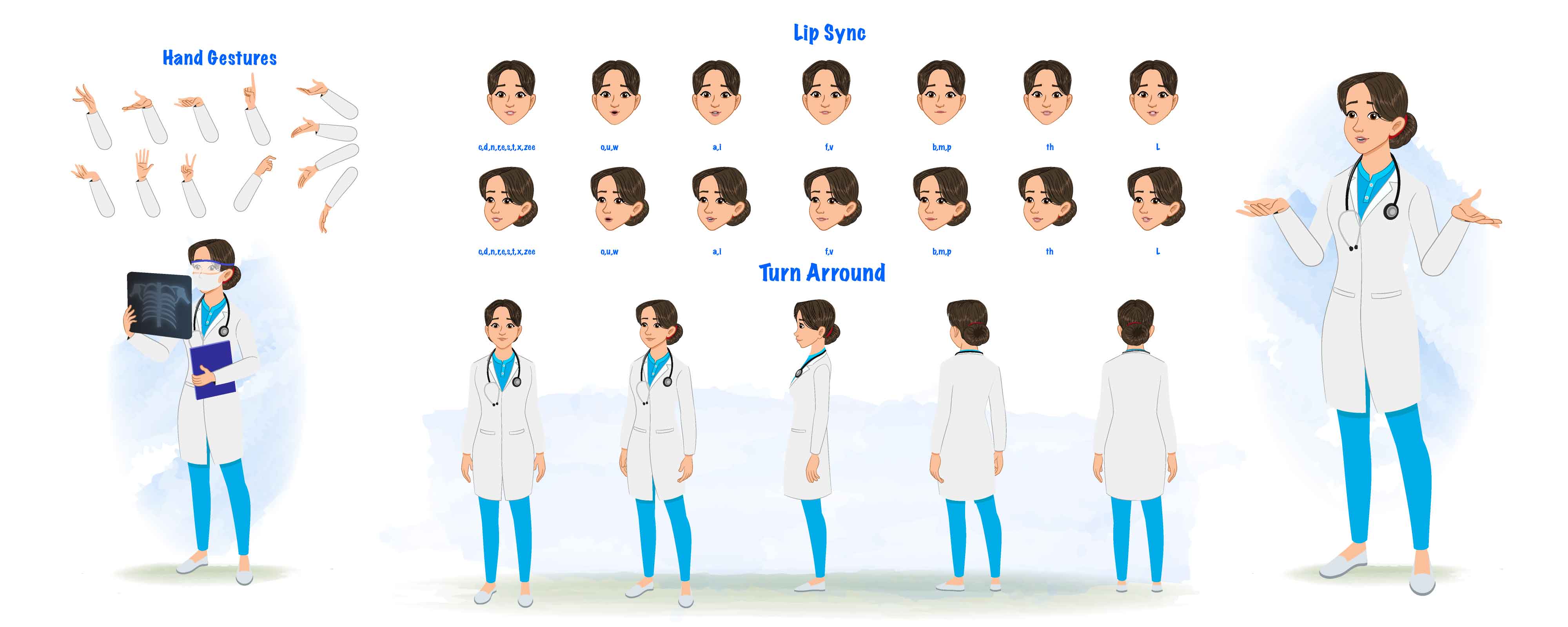 A female radiologist cartoon character construction/model sheet aka dr. meeru