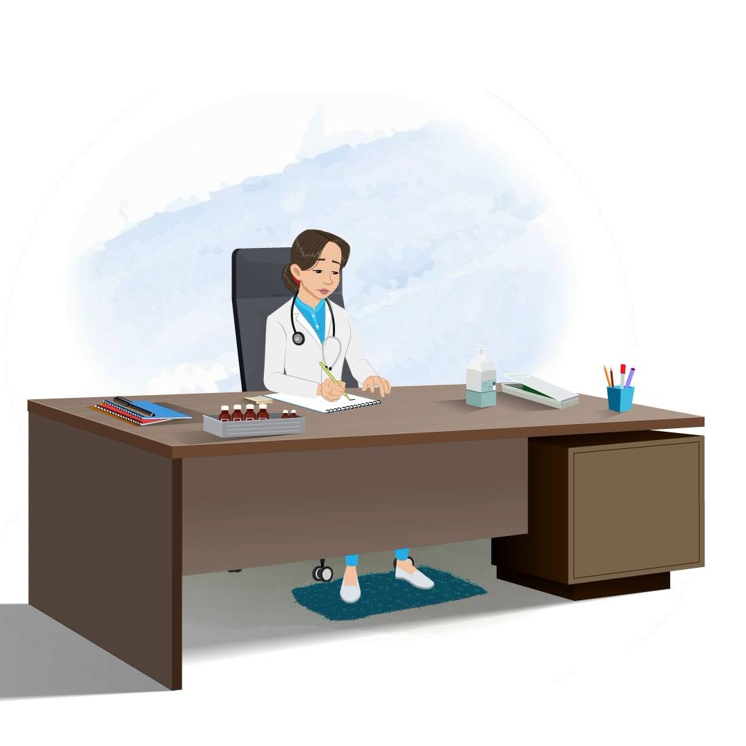 A female radiologist sitting on the table and writing report animated cartoon character aka dr. meeru