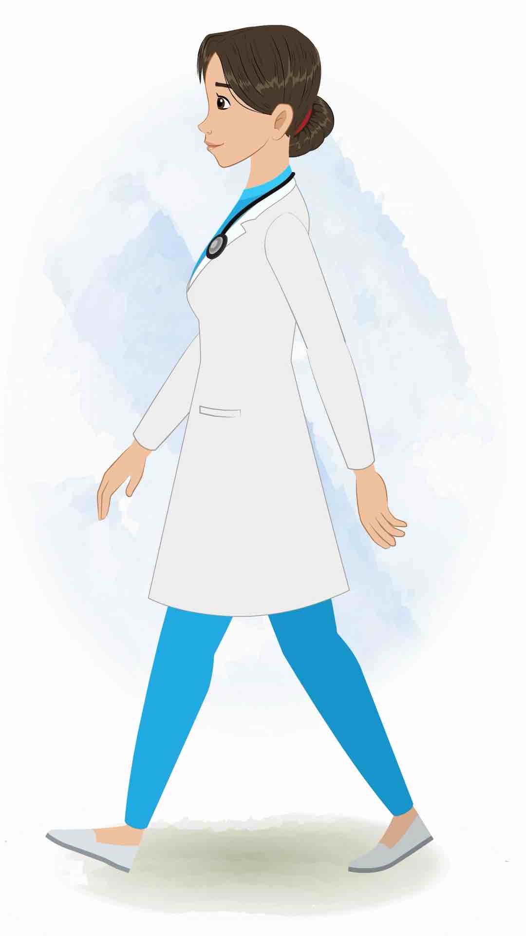 A female radiologist walking side view animated cartoon character aka dr. meeru