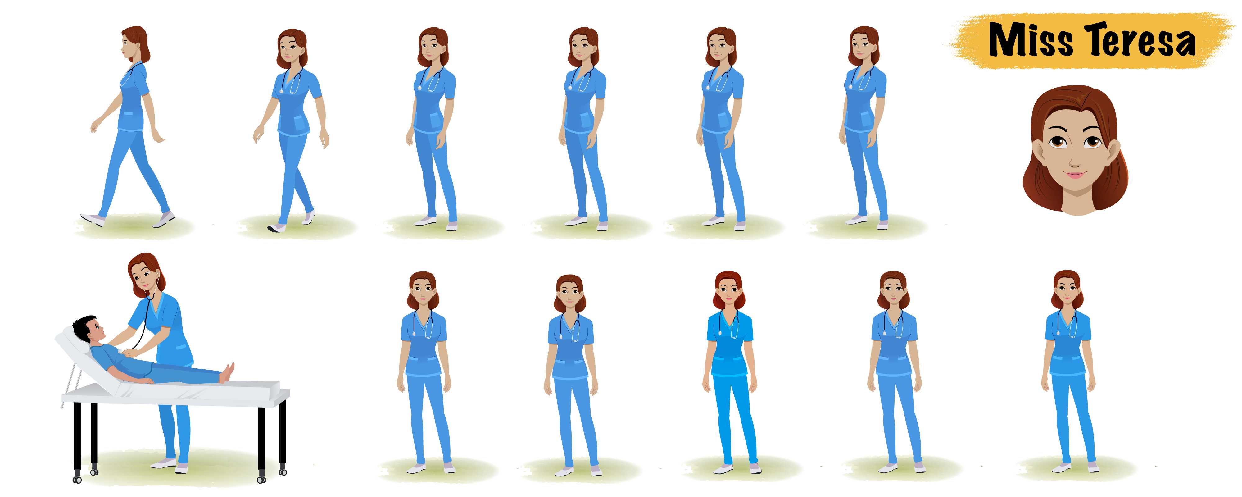 Female nurse animated vector cartoon character model sheet AKA Miss.Teresa