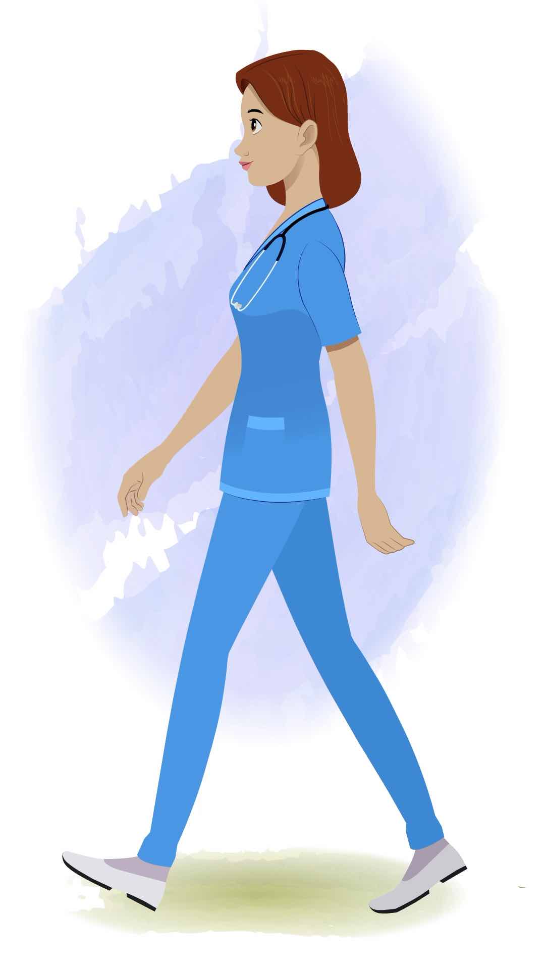 A female nurse walking side view animated cartoon character aka miss.teresa