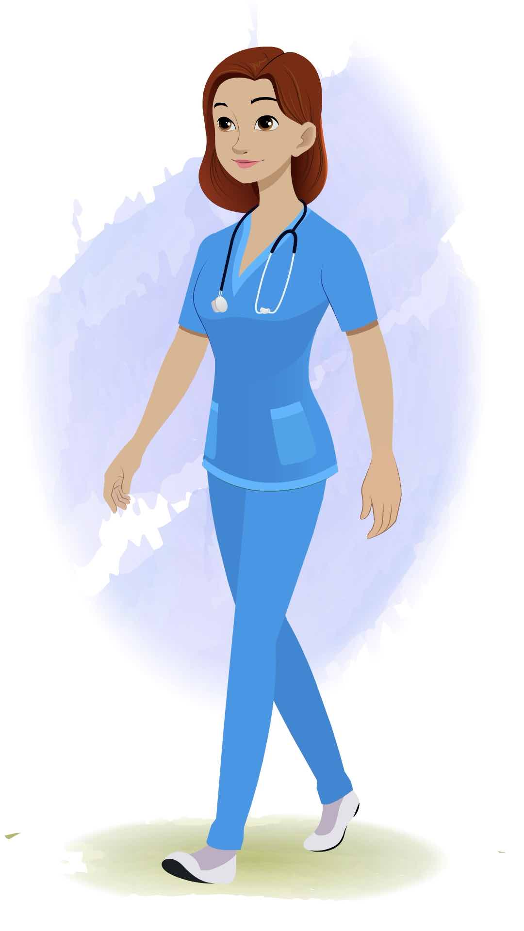 A female nurse 3/4 front view/three quarter view walking animated cartoon character aka miss.teresa