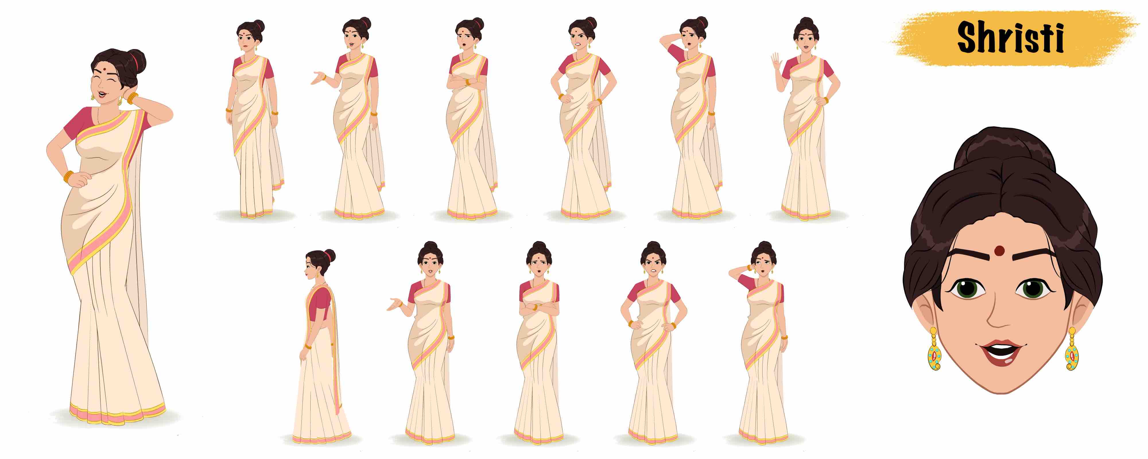 Beautiful Indian woman in saree animated vector cartoon character model sheet AKA Shristi