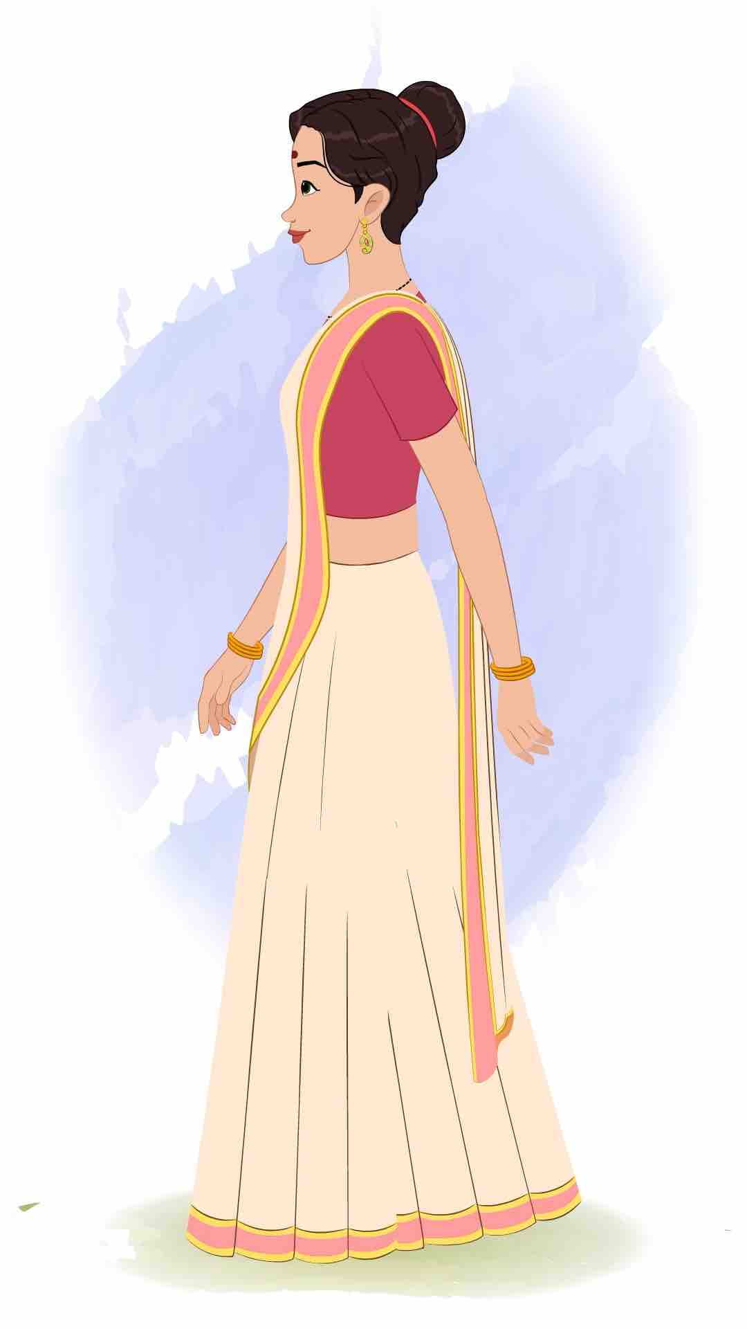 A beautiful Indian woman walking side view animated cartoon character aka shristi