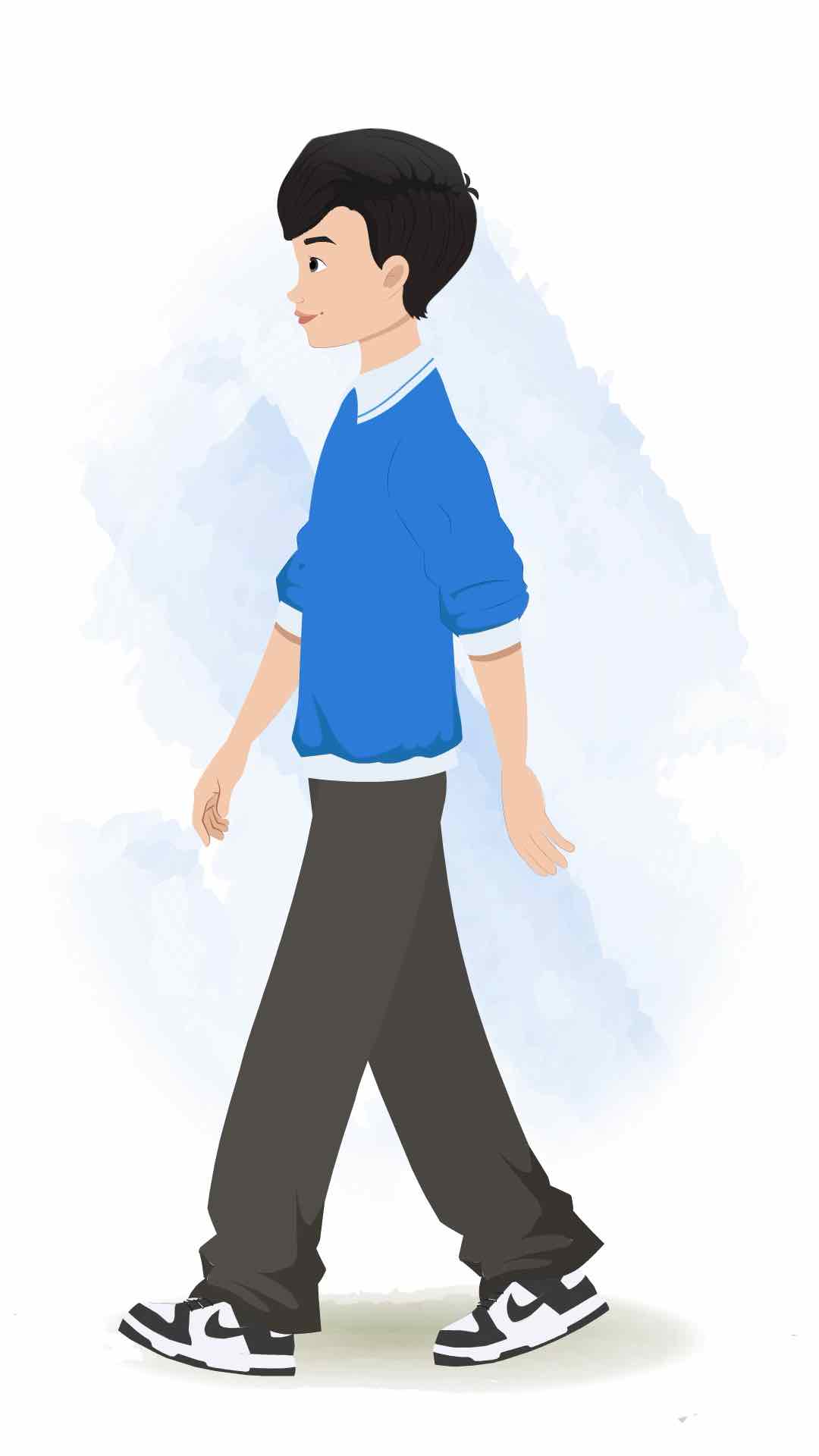 A Korean young boy walking side view animated cartoon character AKA michael