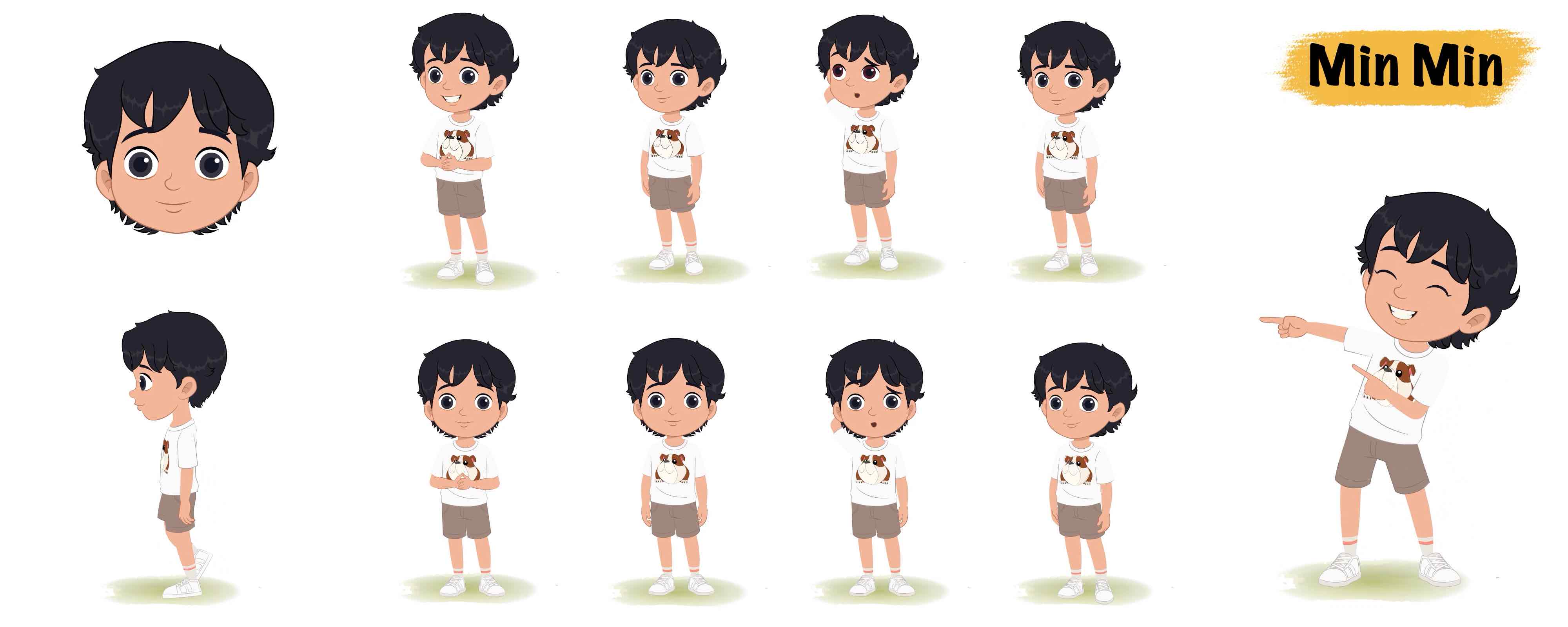 Cool Indian boy animated vector cartoon character model sheet AKA Min Min