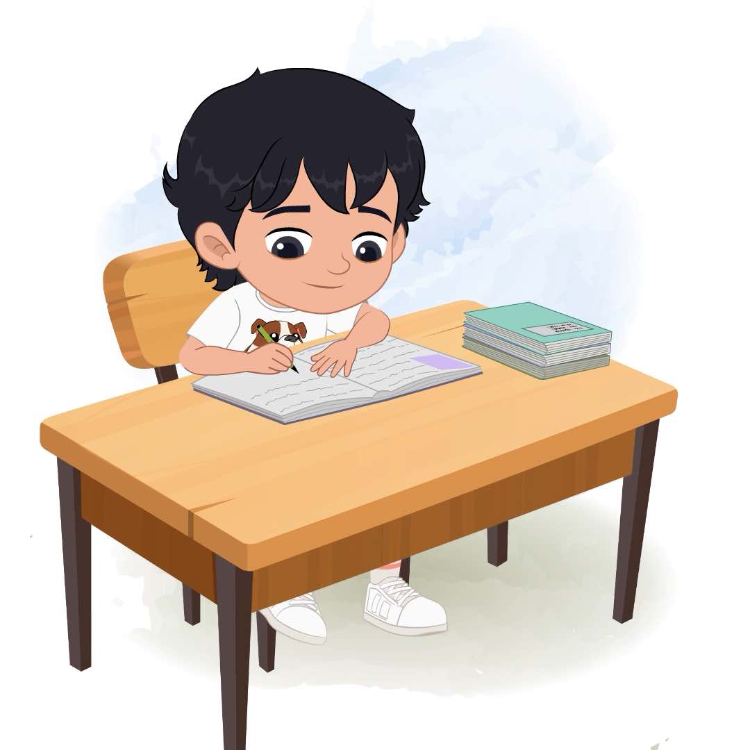 A cool boy doing homework and sitting on the table animated cartoon character aka min min