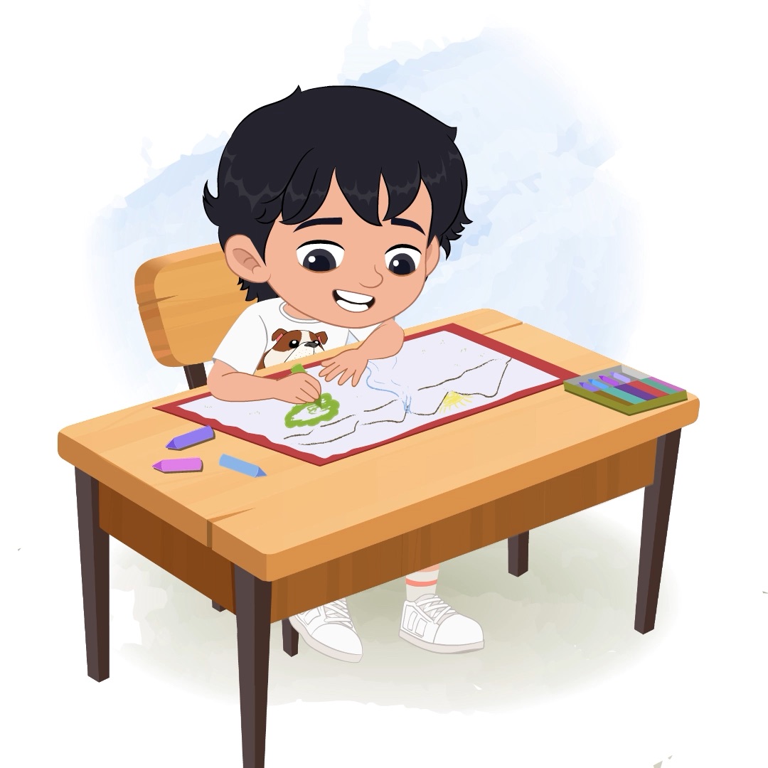 A cool boy is sitting at a table with some crayons and colouring on the paper