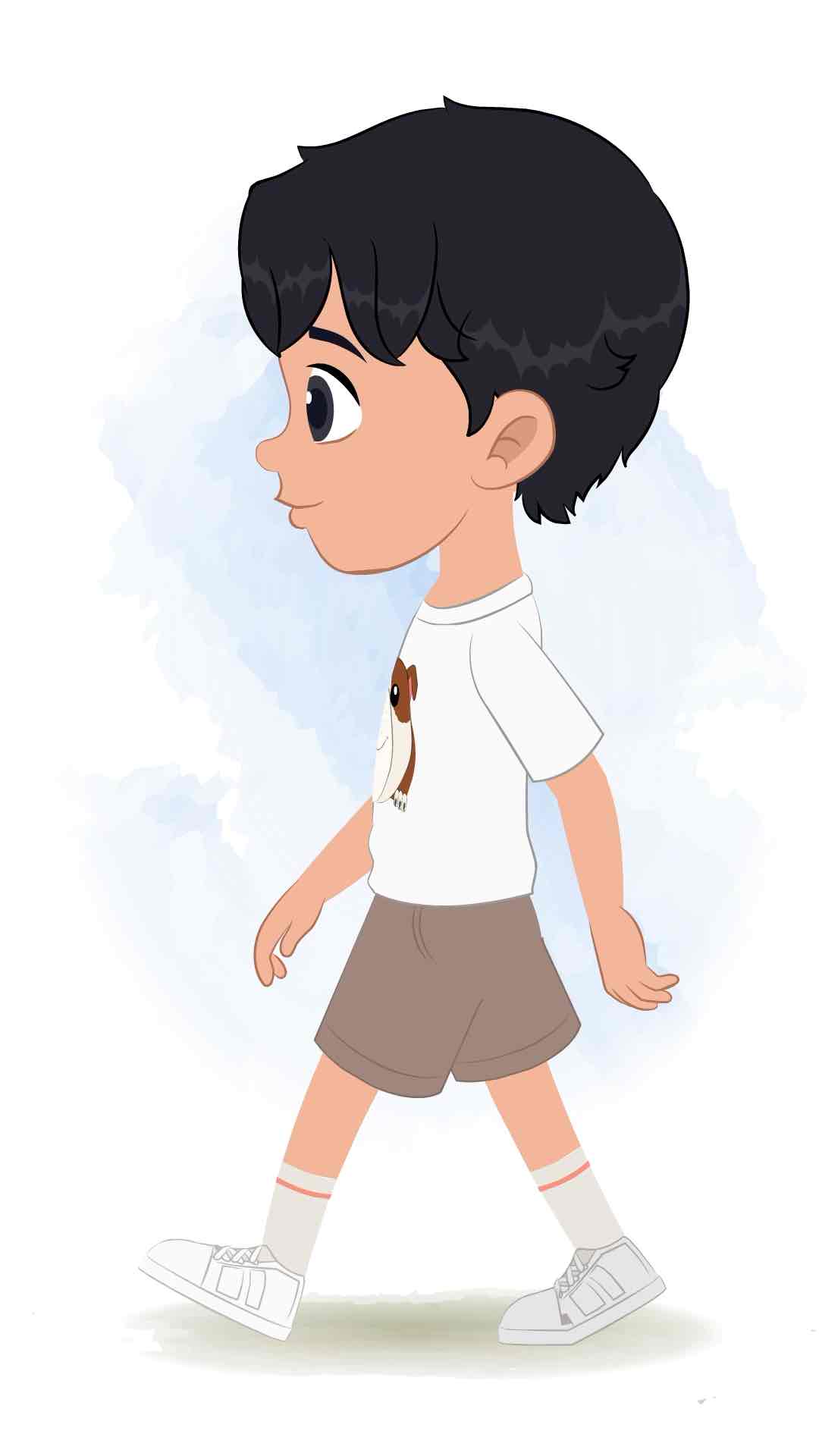 A cool boy walking side view animated cartoon character aka min min