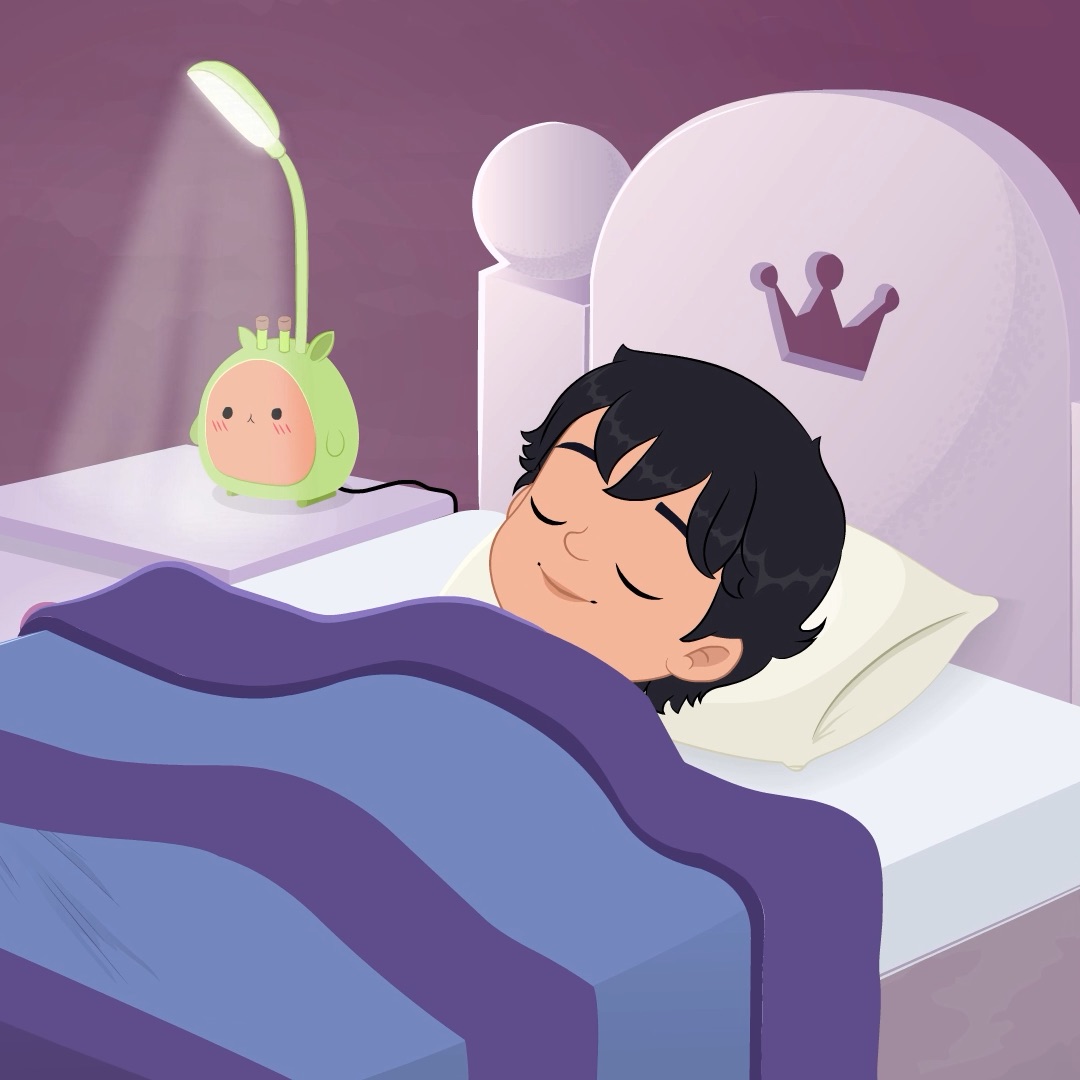 A cute boy animated cartoon character sleeping on her bedroom aka min min