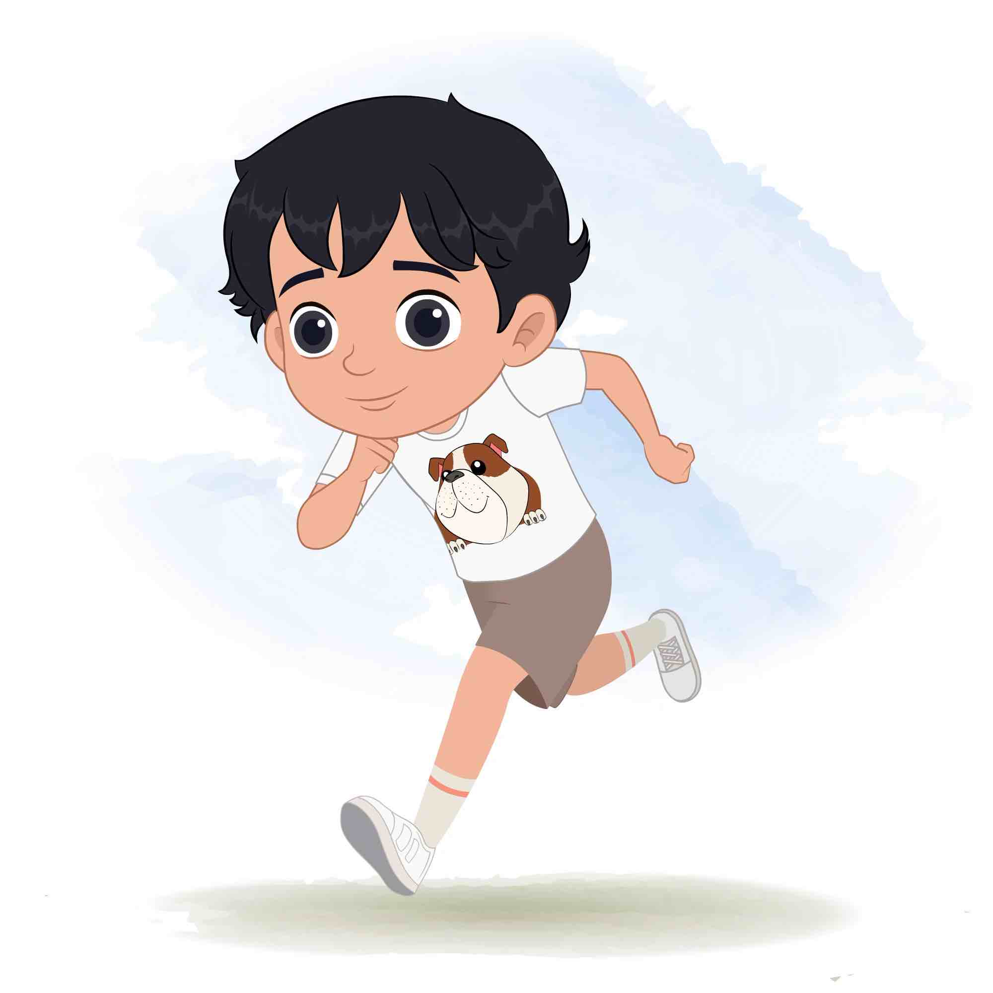 A cool boy running three quarter view animated cartoon character aka min min