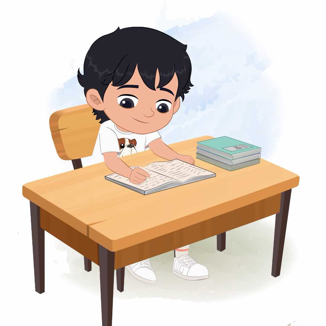 A cool boy reading a book and sitting on the table animated cartoon character aka min min