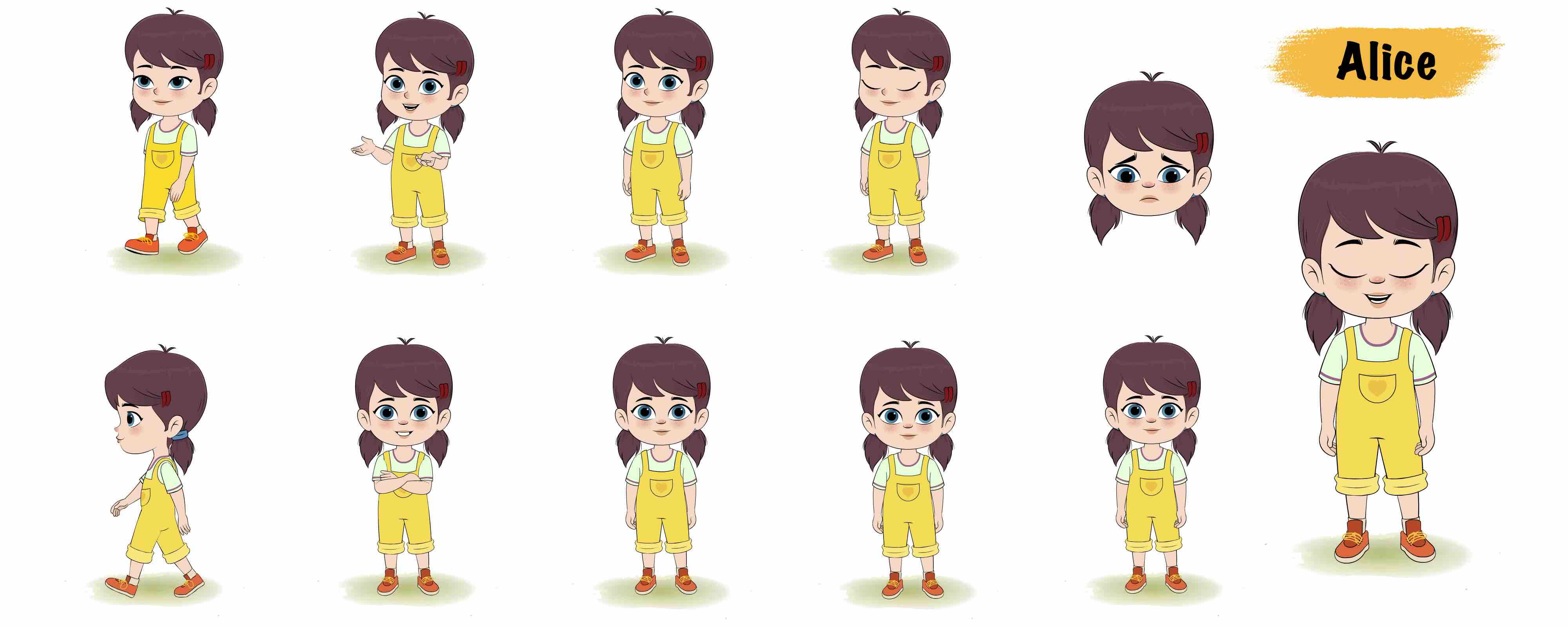 Cute girl animated vector cartoon character model sheet AKA Alice