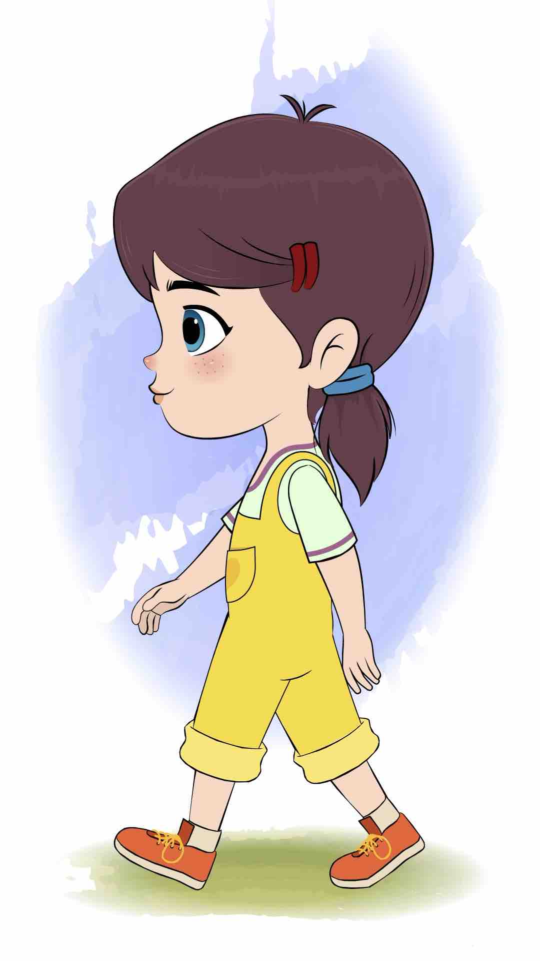 A cute girl walking side view animated cartoon character aka alice