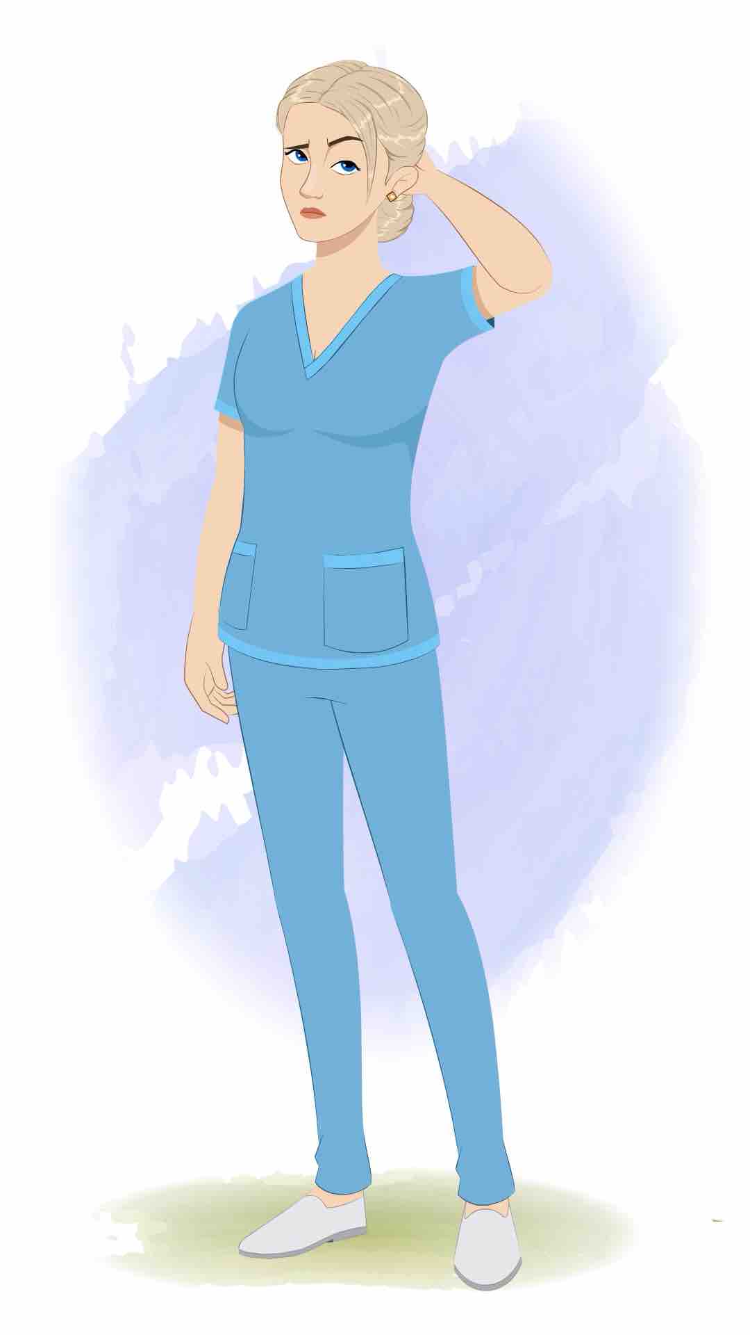 A beautiful female confused nurse animated cartoon character aka amy