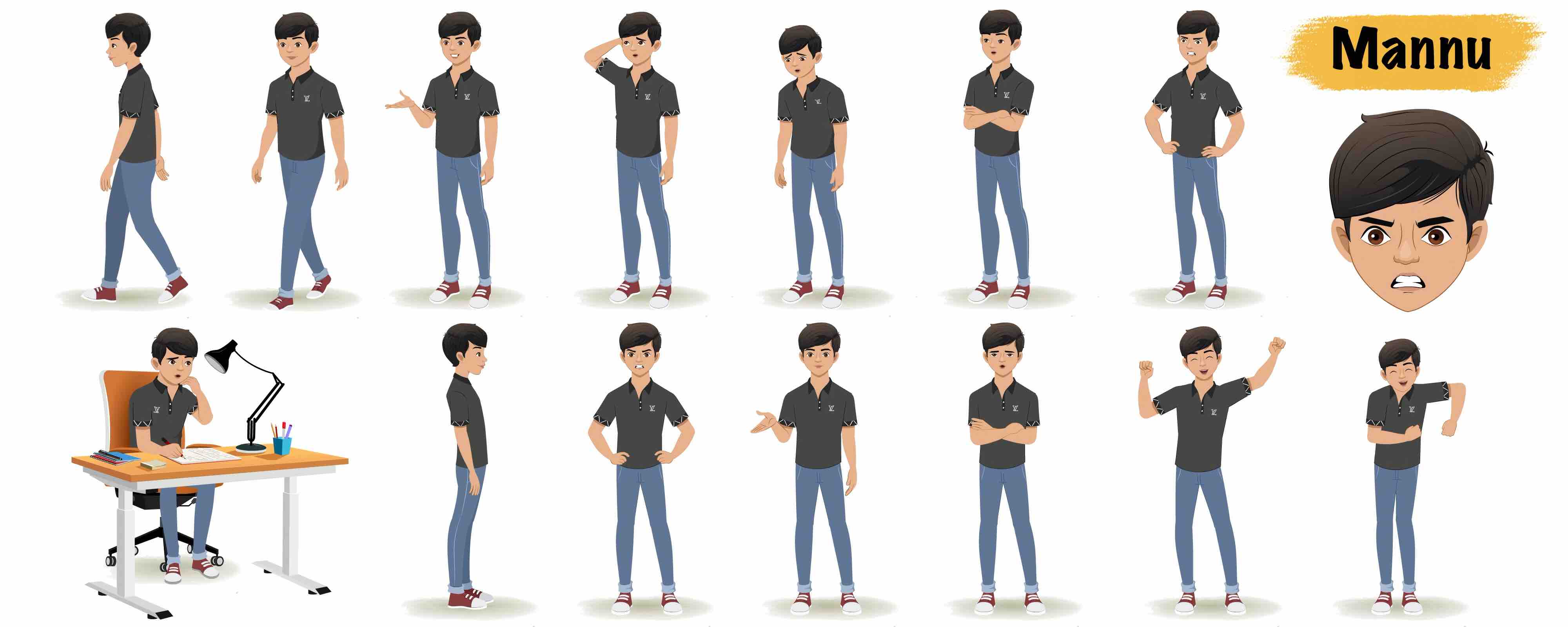 Indian teenage boy animated vector cartoon character model sheet AKA Mannu