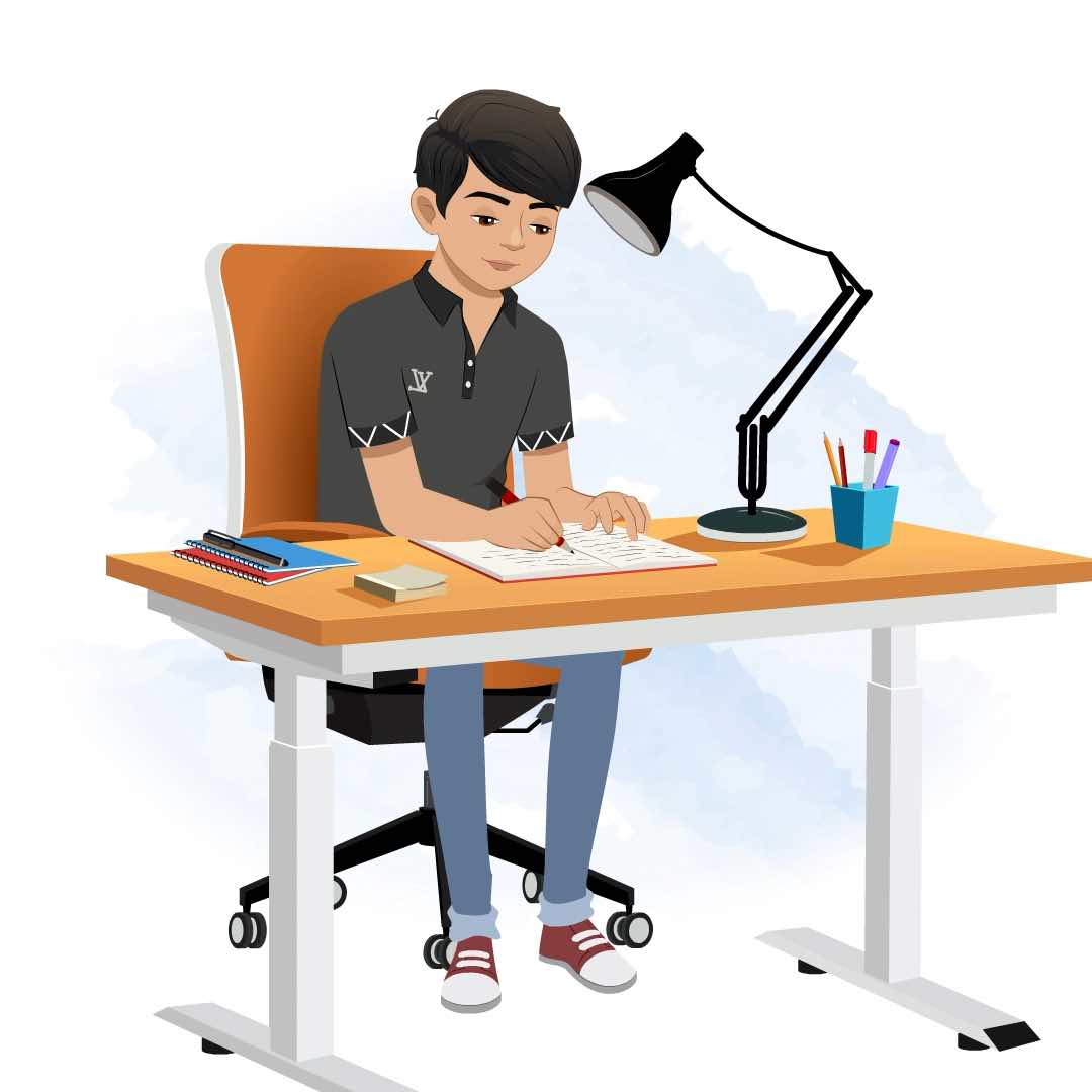 An Indian teenage boy doing homework and sitting on the table animated cartoon character AKA mannu