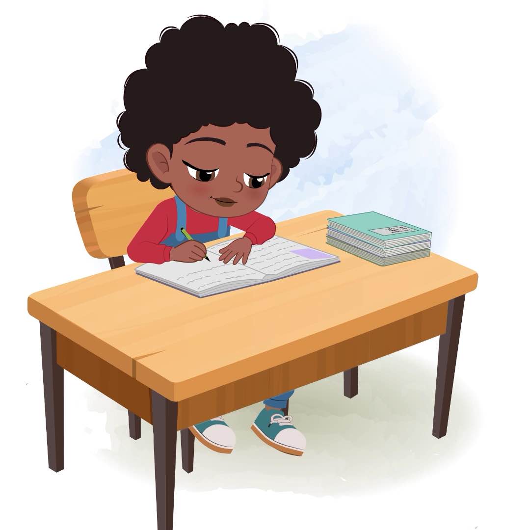 A cute black girl doing homework and sitting on the table animated cartoon character aka jenny