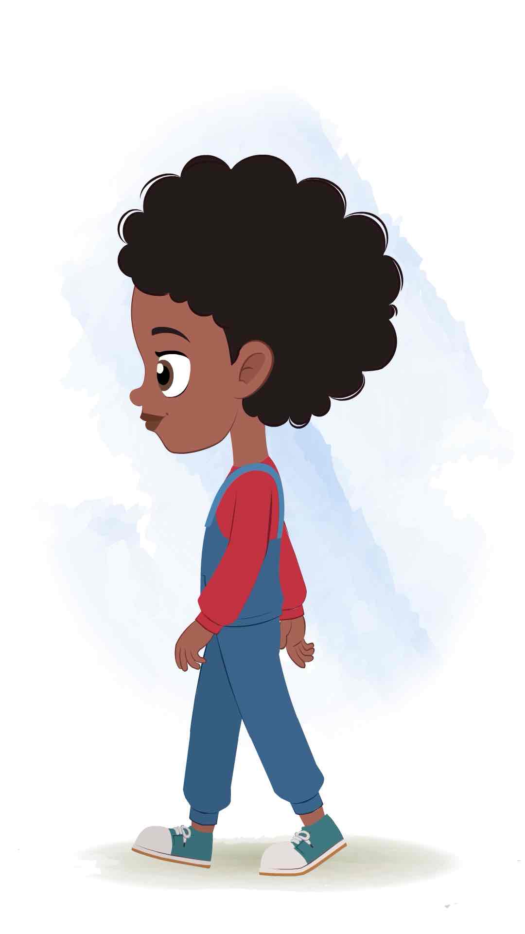 A cute black girl walking side view animated cartoon character aka jenny