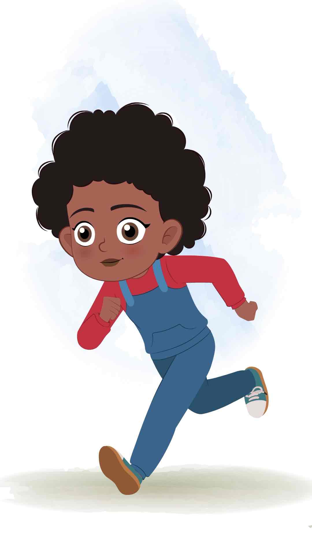 A cute black girl running three quarter view animated cartoon character aka jenny