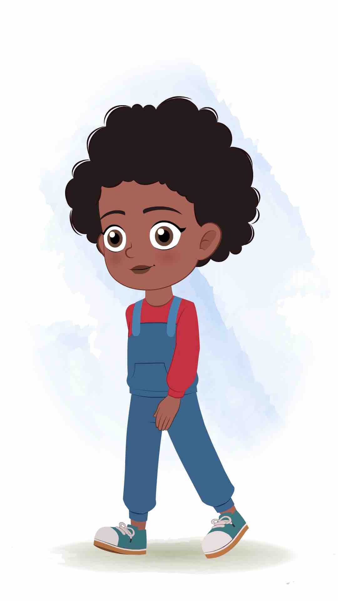 A cute black girl 3/4 front view/three quarter view walking animated cartoon character aka jenny