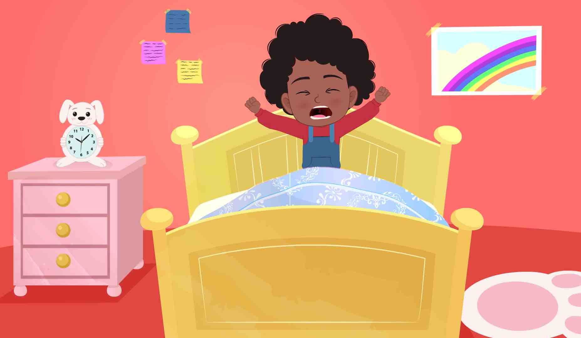 A cute black girl animated cartoon character wake up in morning aka jenny