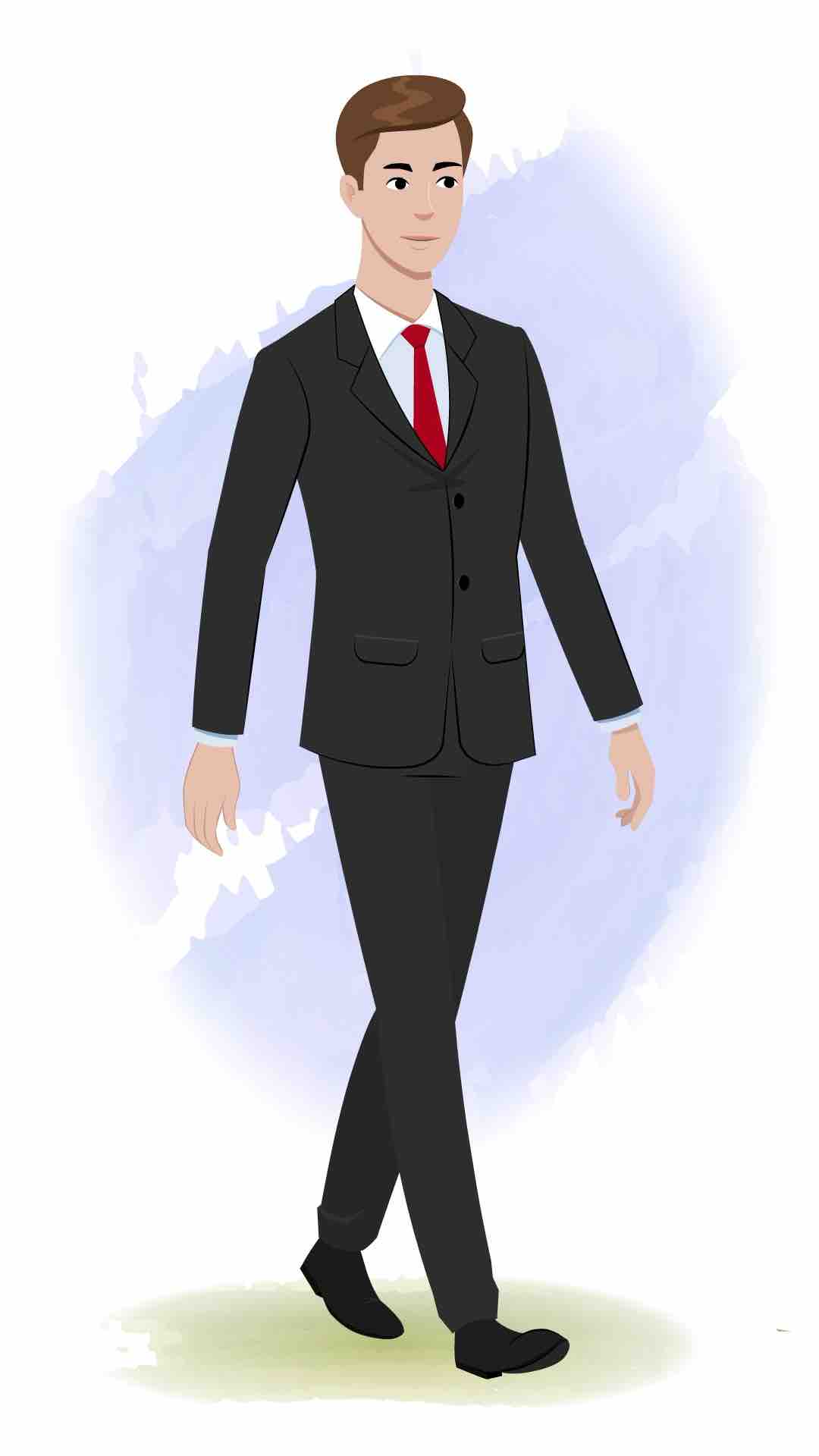 An Indian businessman 3/4 front view/three quarter view walking animated cartoon character AKA Shrivastav