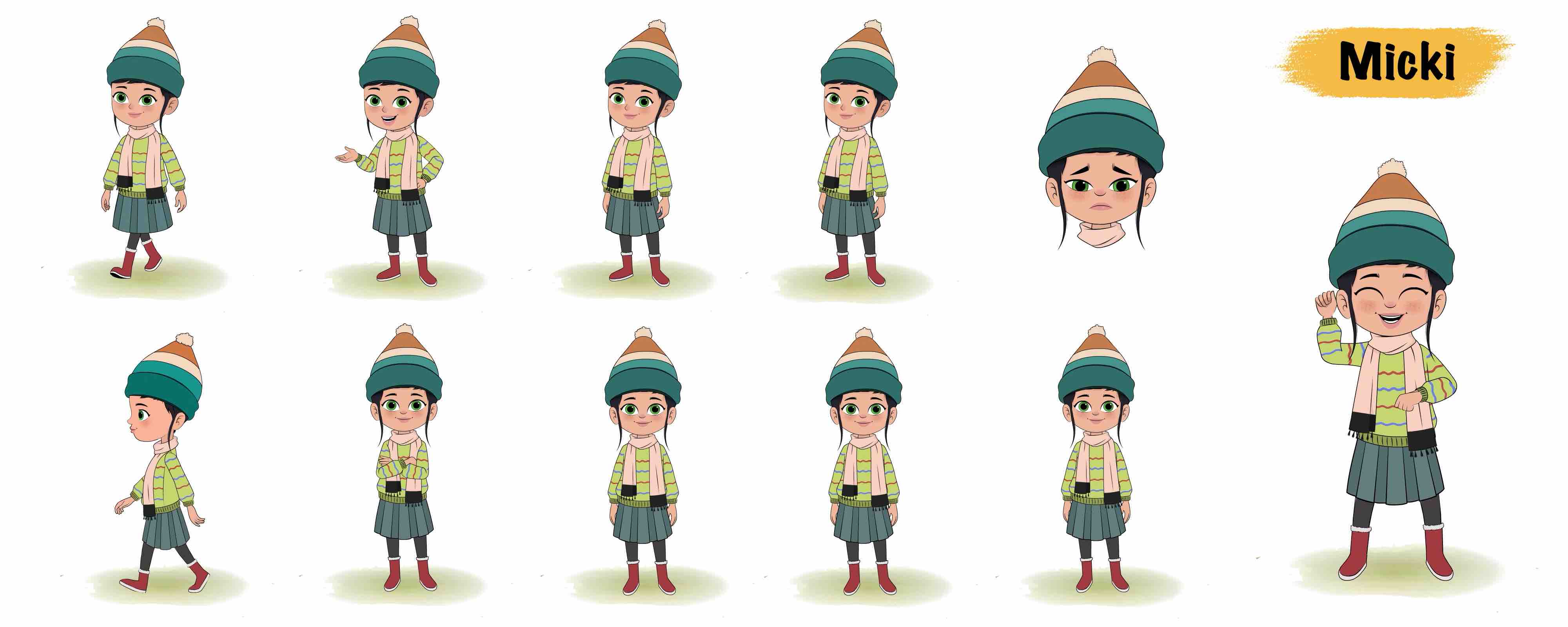 Cute girl in winter clothes animated vector cartoon character model sheet AKA Micki