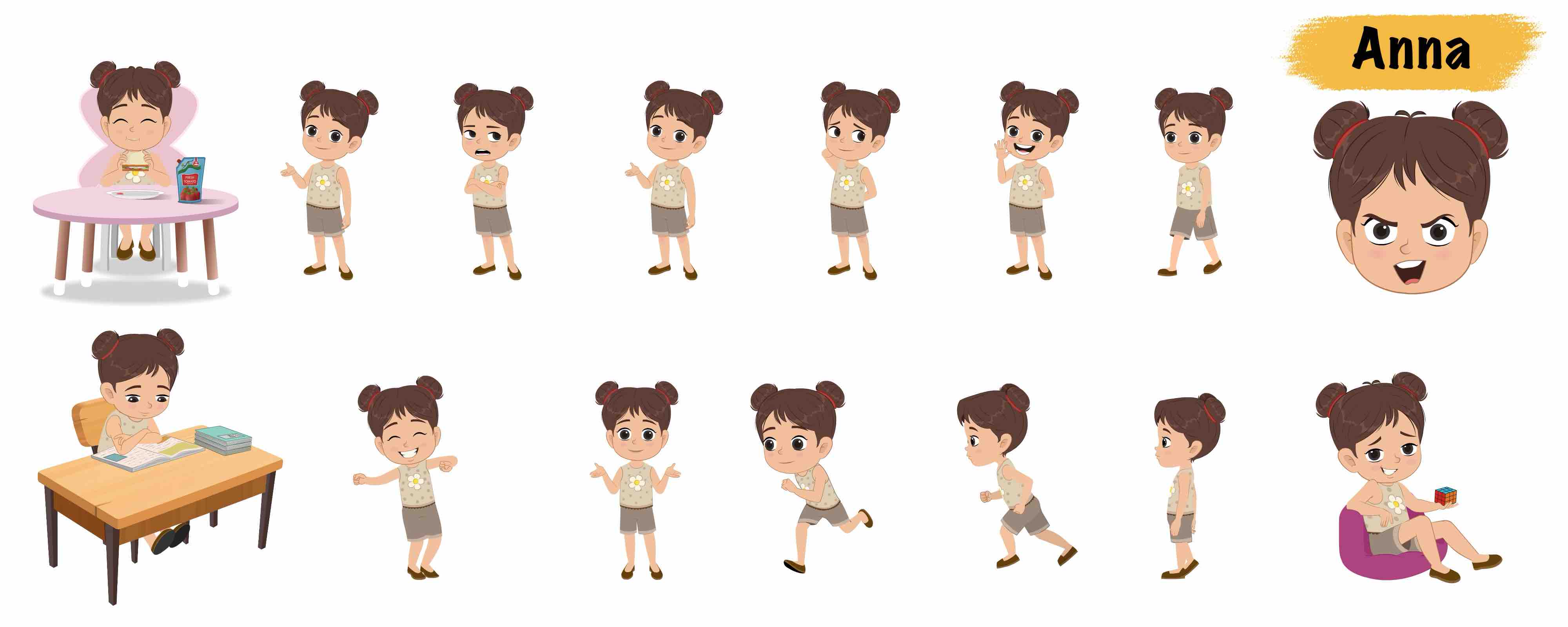 Little girl animated vector cartoon character model sheet AKA Anna