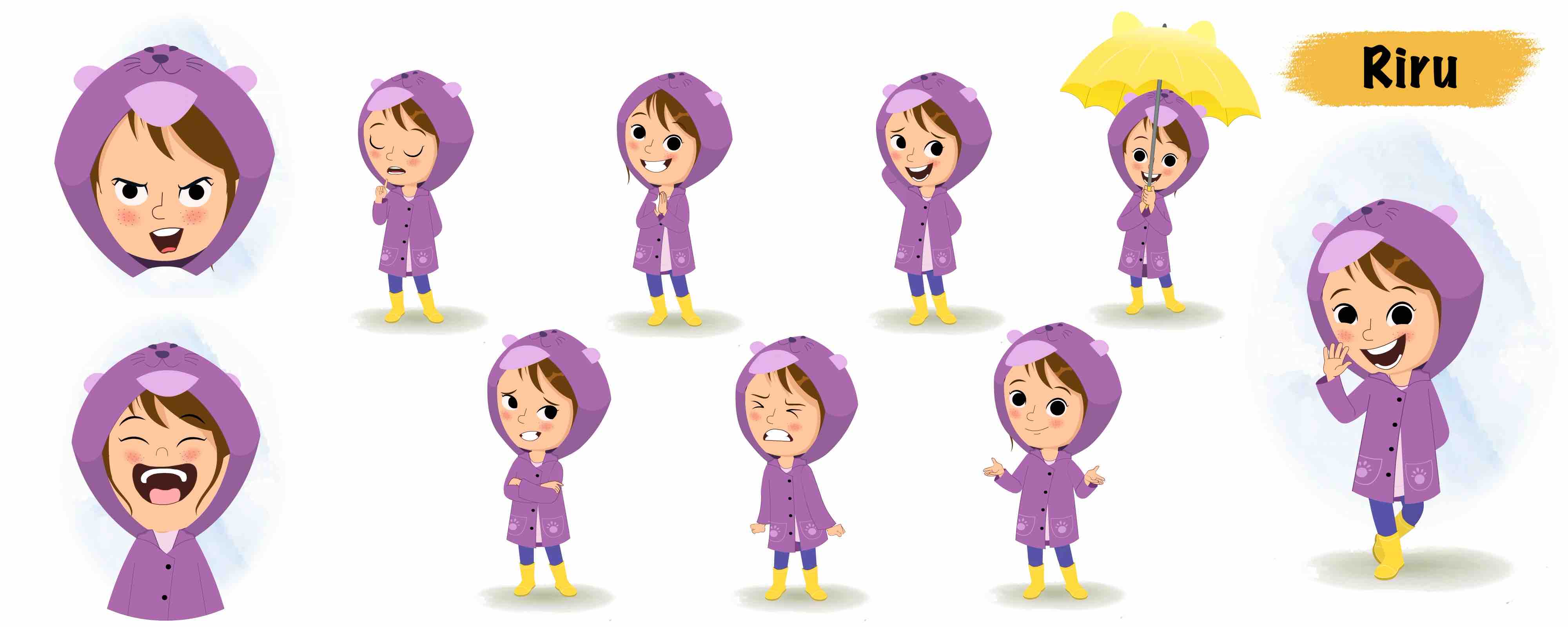 Cute girl in raincoat animated vector cartoon character model sheet AKA Riru