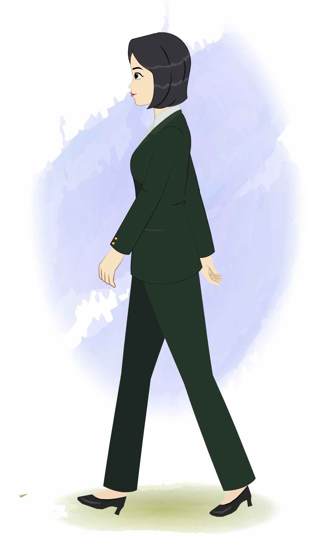 A business woman walking side view animated cartoon character aka ariya