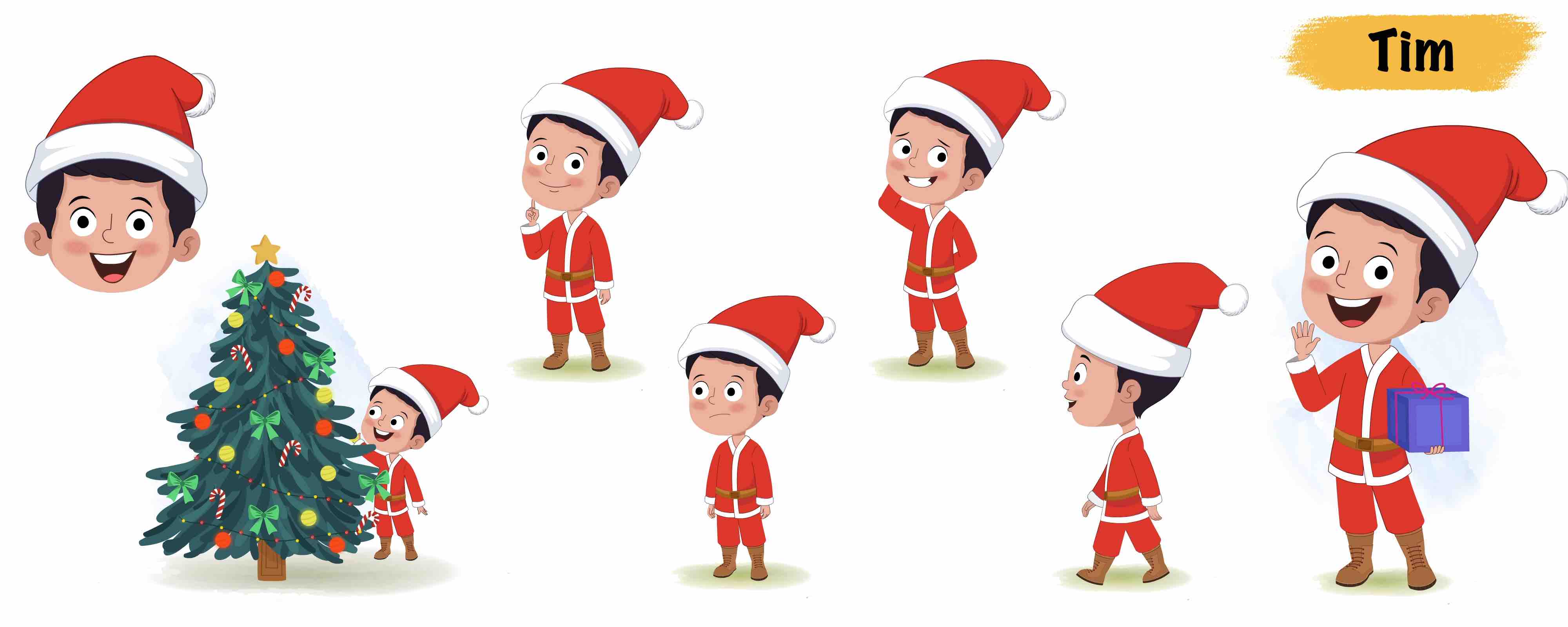 Cute little boy in christmas costume animated vector cartoon character model sheet AKA Tim