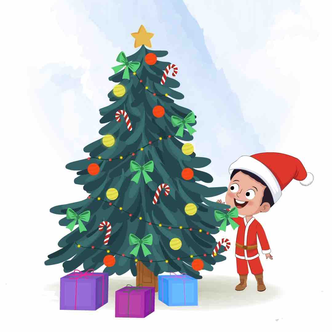 A christmas boy decorates the christmas tree animated cartoon character aka tim