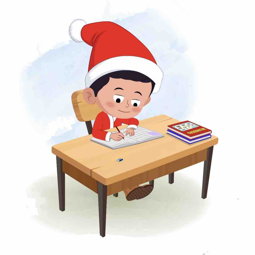 A christmas boy doing homework and sitting on the table animated cartoon character aka tim