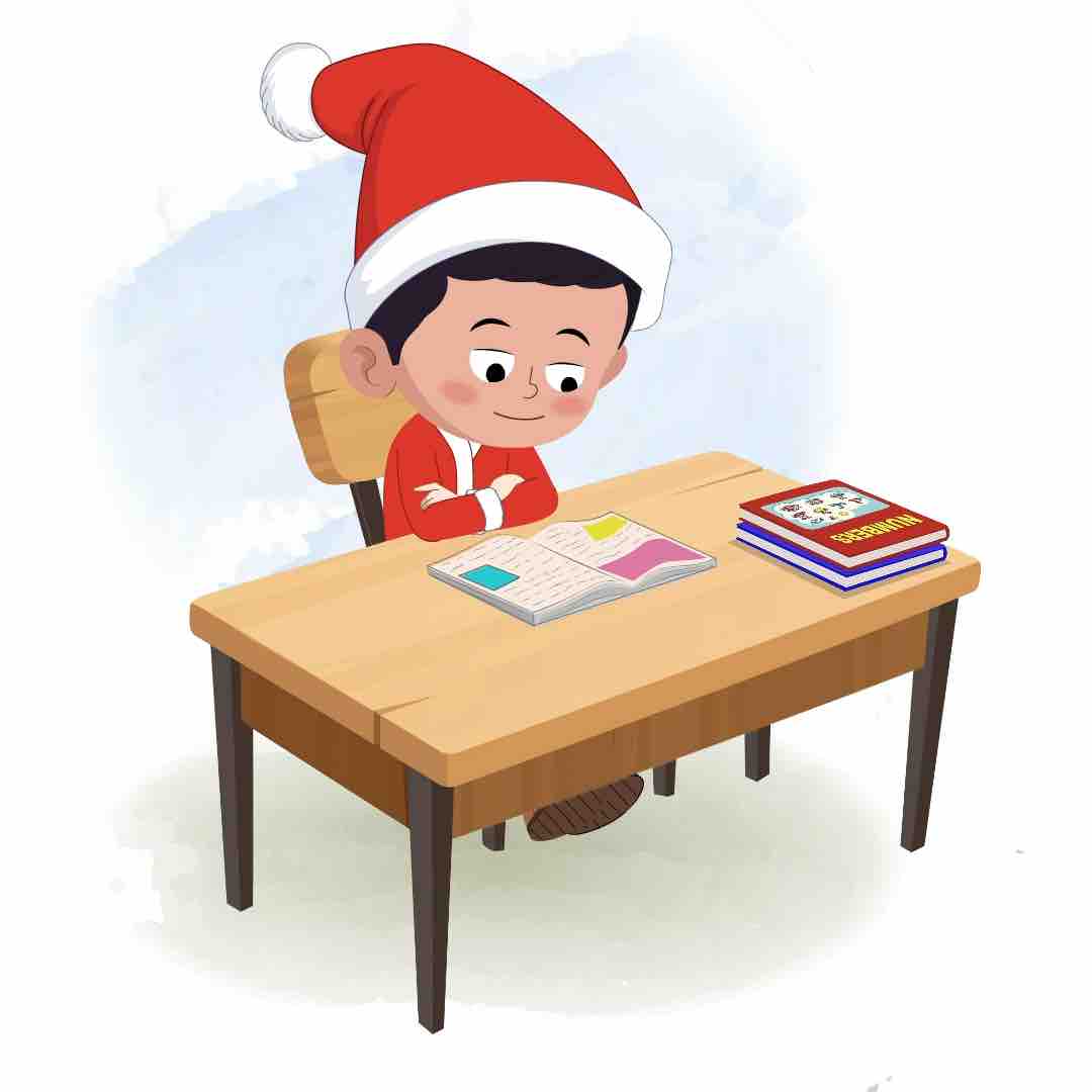 A christmas boy reading a book and sitting on the table animated cartoon character aka tim