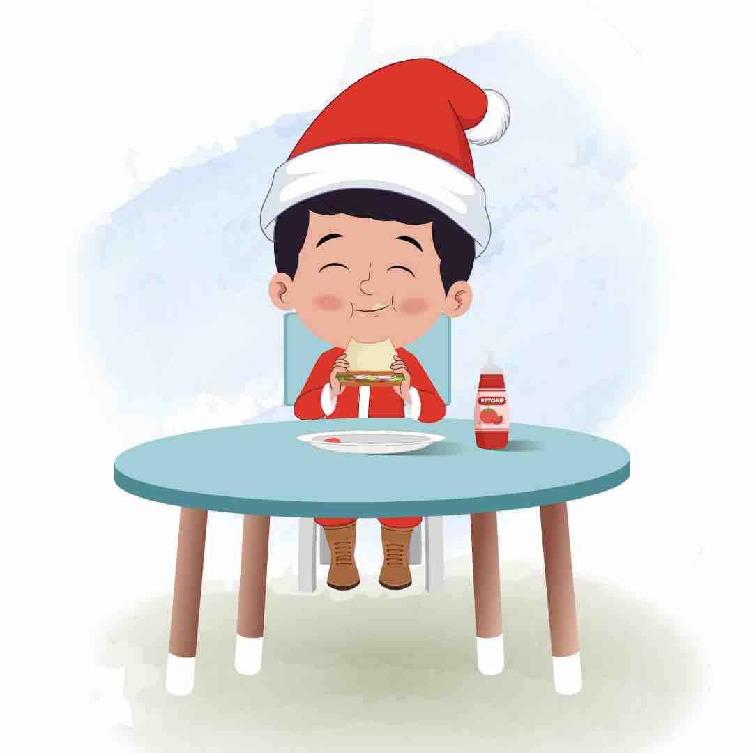 A christmas boy animated cartoon character sitting at a table and eating a sandwich aka tim