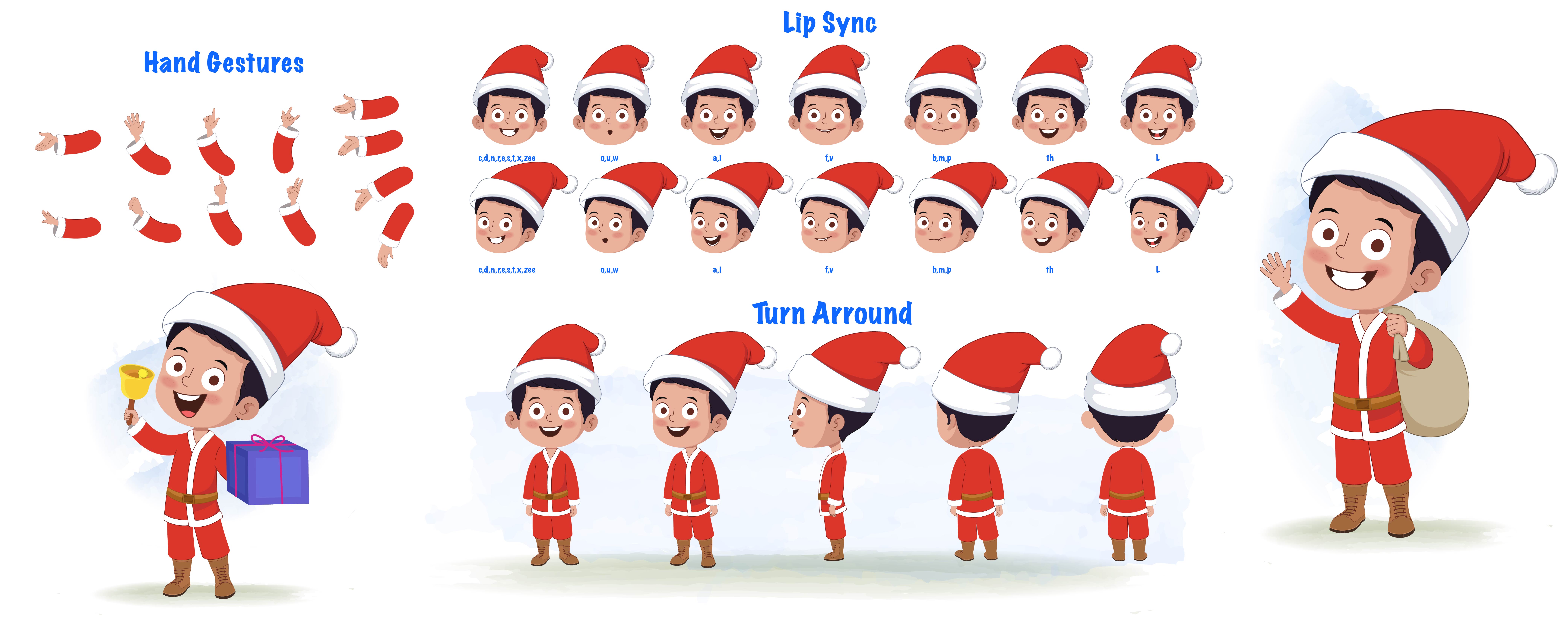 A christmas boy cartoon character construction/model sheet aka tim