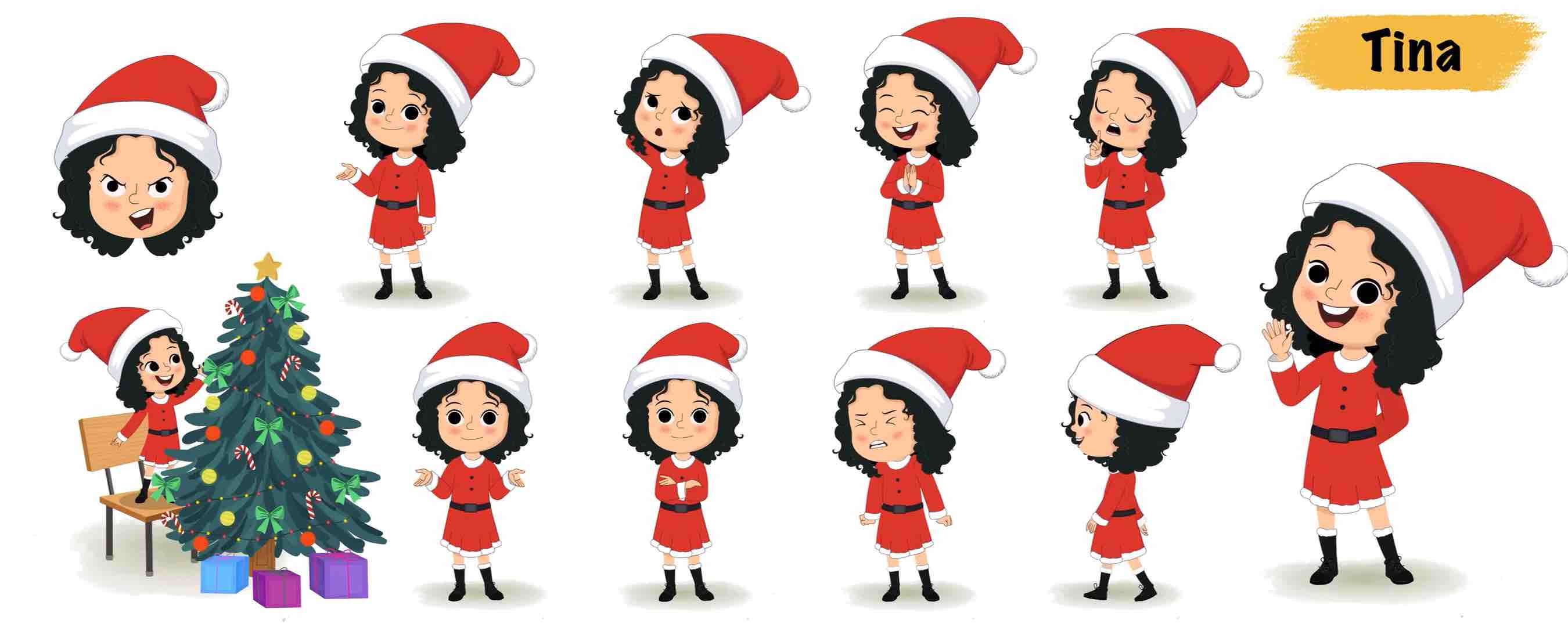 Cute little girl in christmas costume animated vector cartoon character model sheet AKA Tina